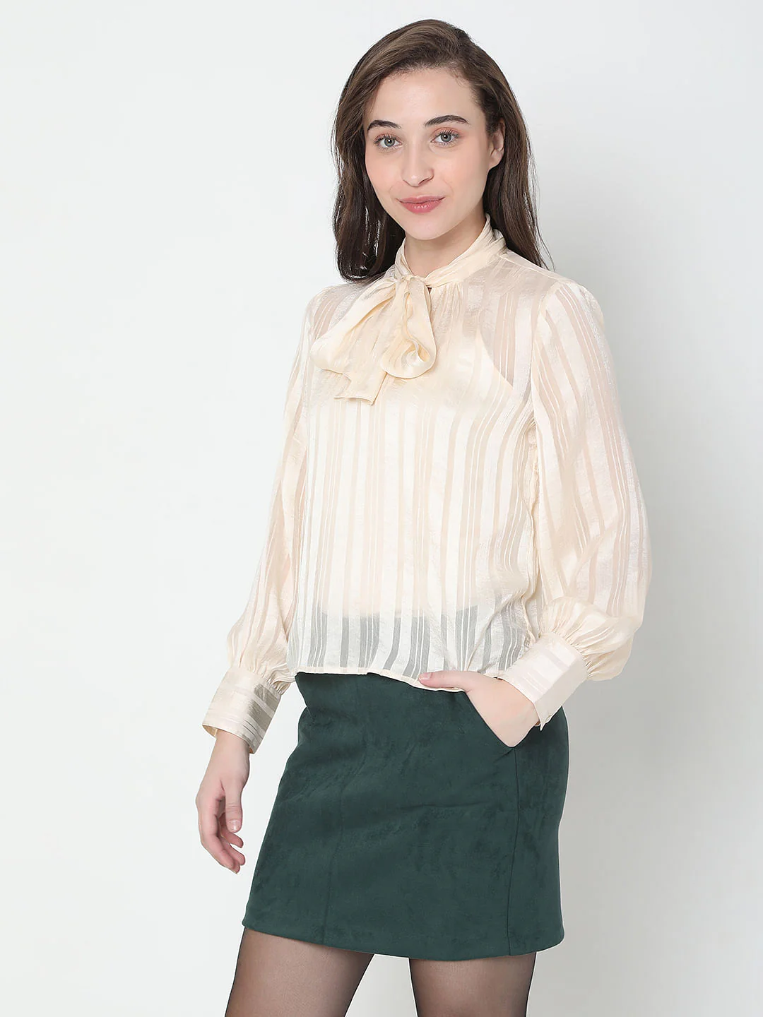 Beige Striped Satin Top - Image 3