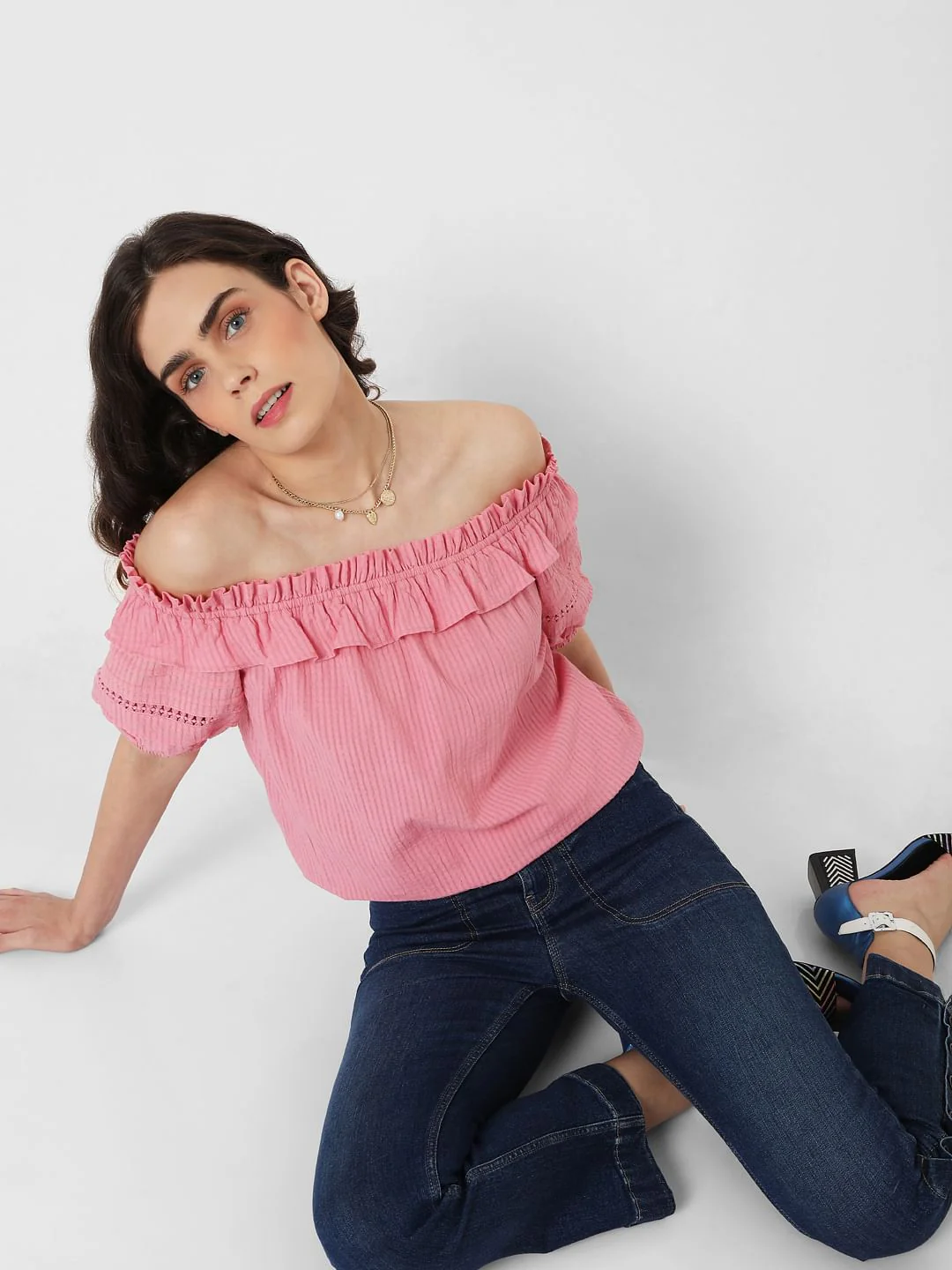 Pink Off Shoulder Textured Top