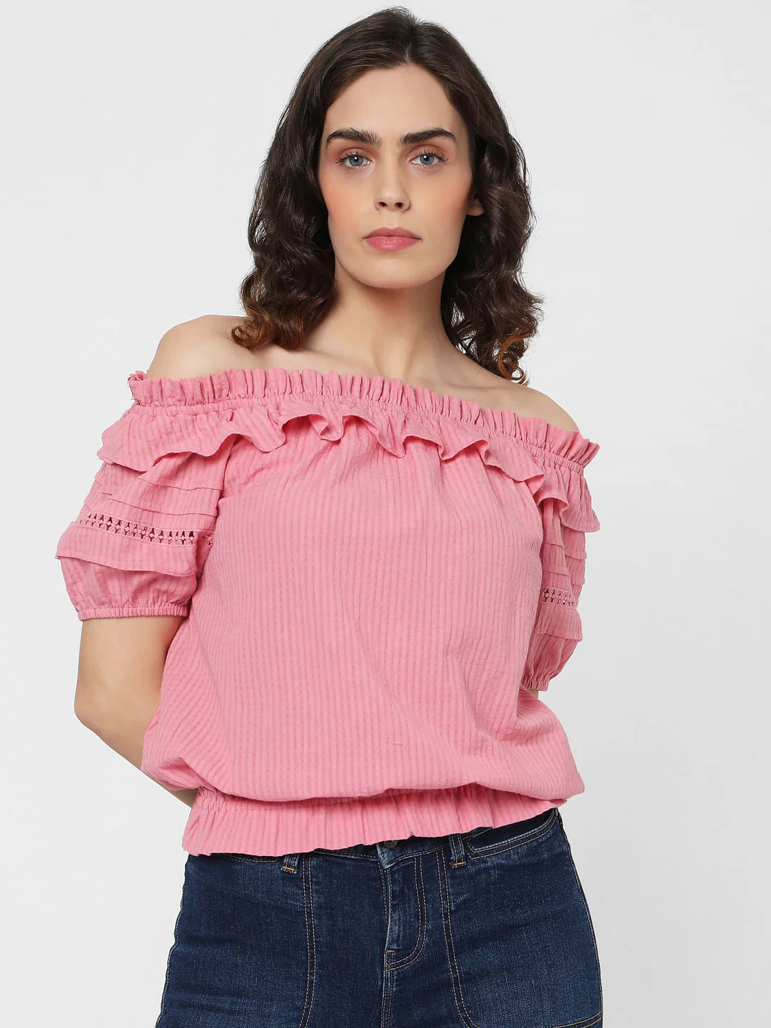 Pink Off Shoulder Textured Top - Image 2