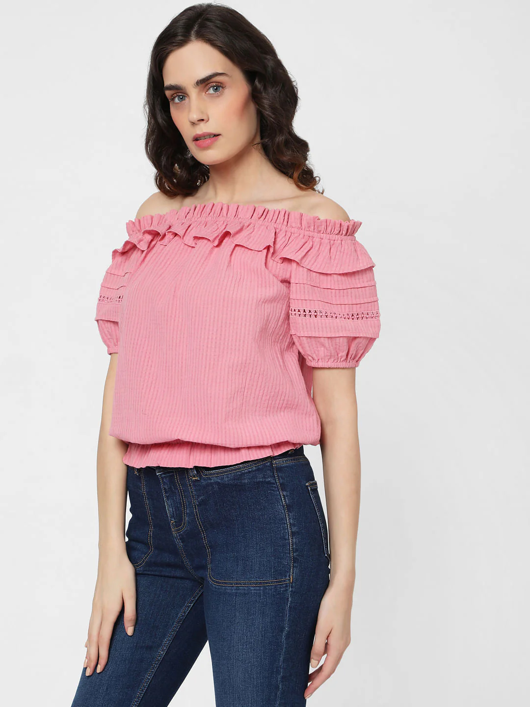 Pink Off Shoulder Textured Top - Image 3