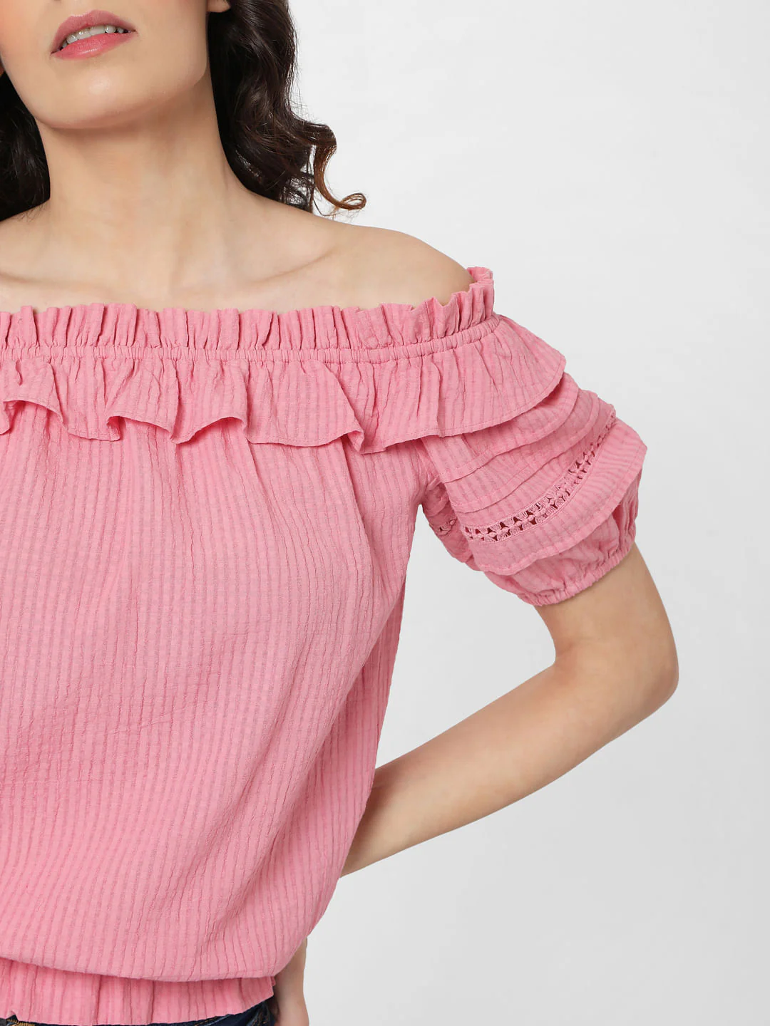 Pink Off Shoulder Textured Top - Image 6