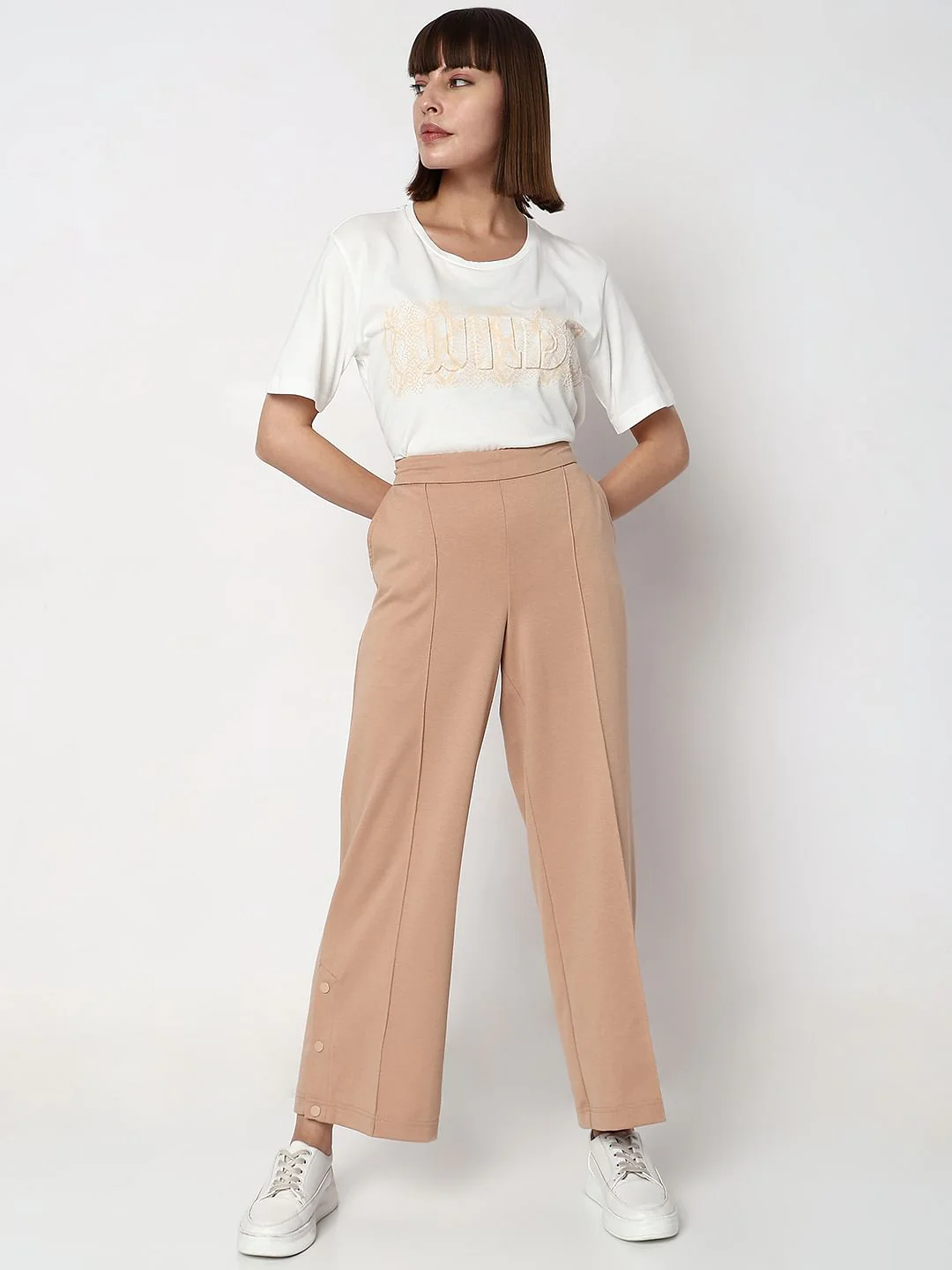 Beige High Rise Wide Leg Pants - Image 5