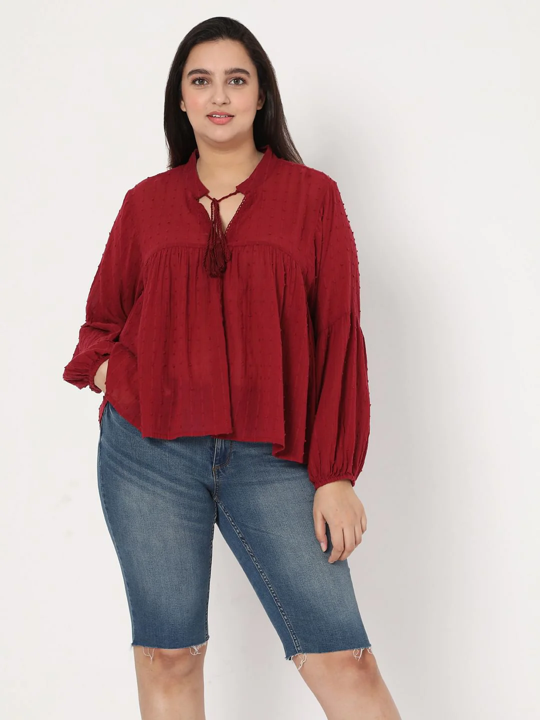 Curve Red Textured Boho Top - Image 2