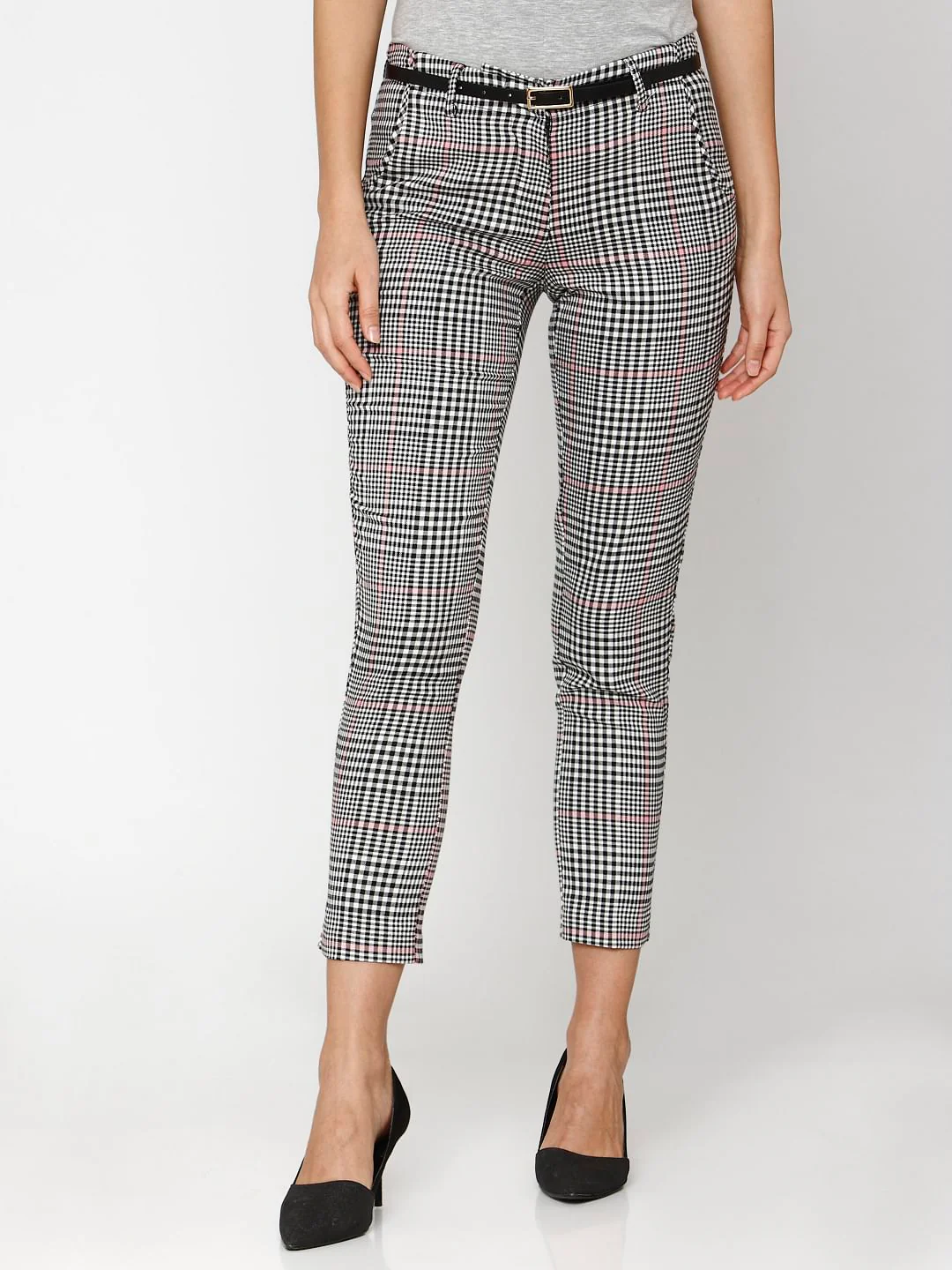 Black Mid Rise Check Ankle Length Pants