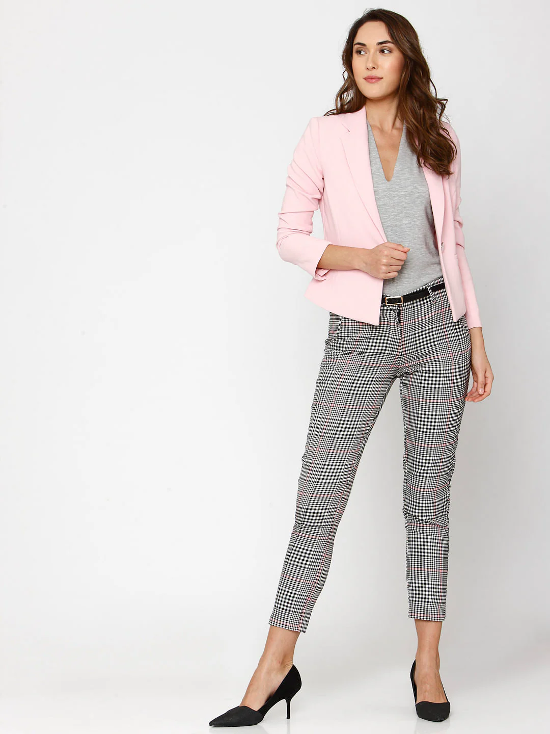 Black Mid Rise Check Ankle Length Pants - Image 2
