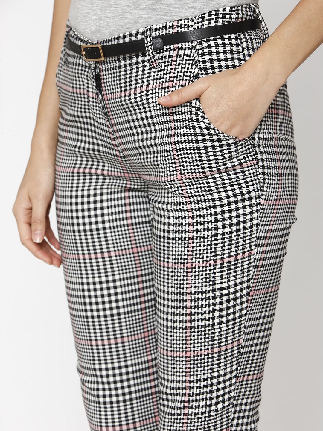 Black Mid Rise Check Ankle Length Pants - Image 3
