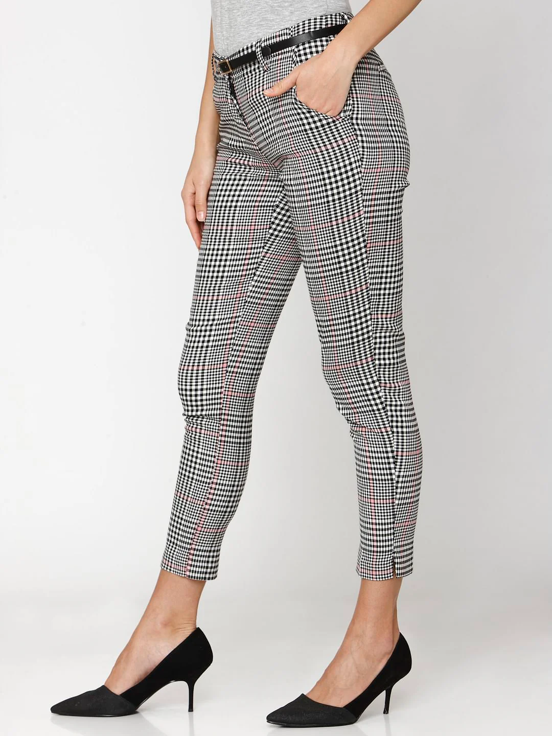 Black Mid Rise Check Ankle Length Pants - Image 5