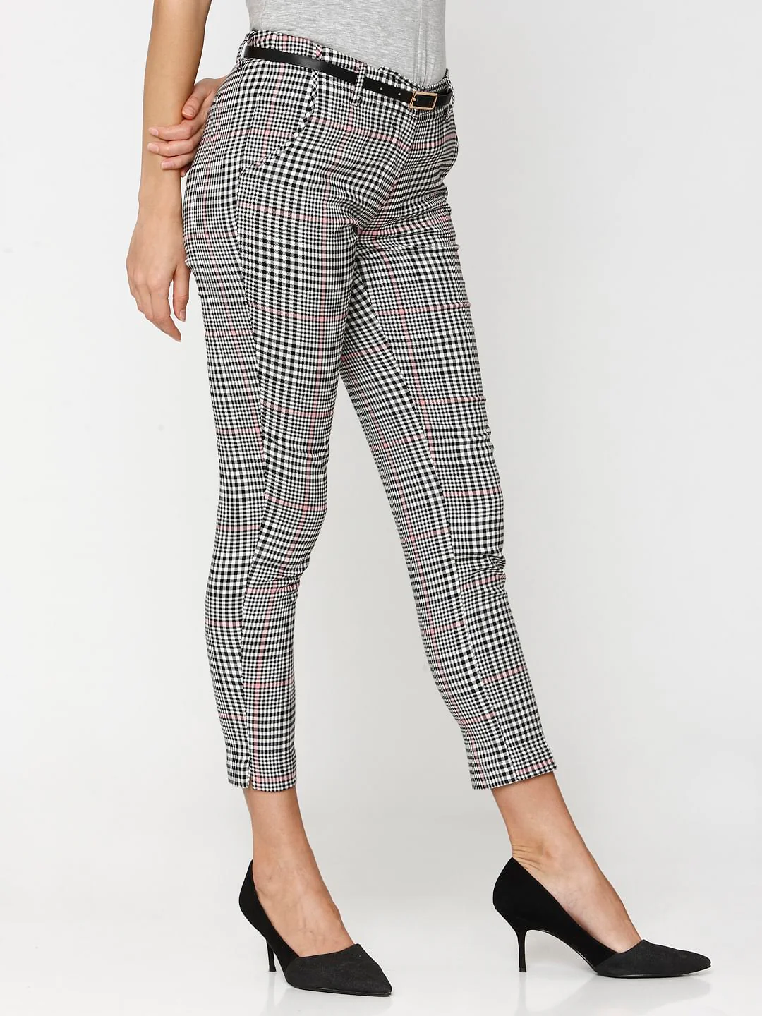 Black Mid Rise Check Ankle Length Pants - Image 6