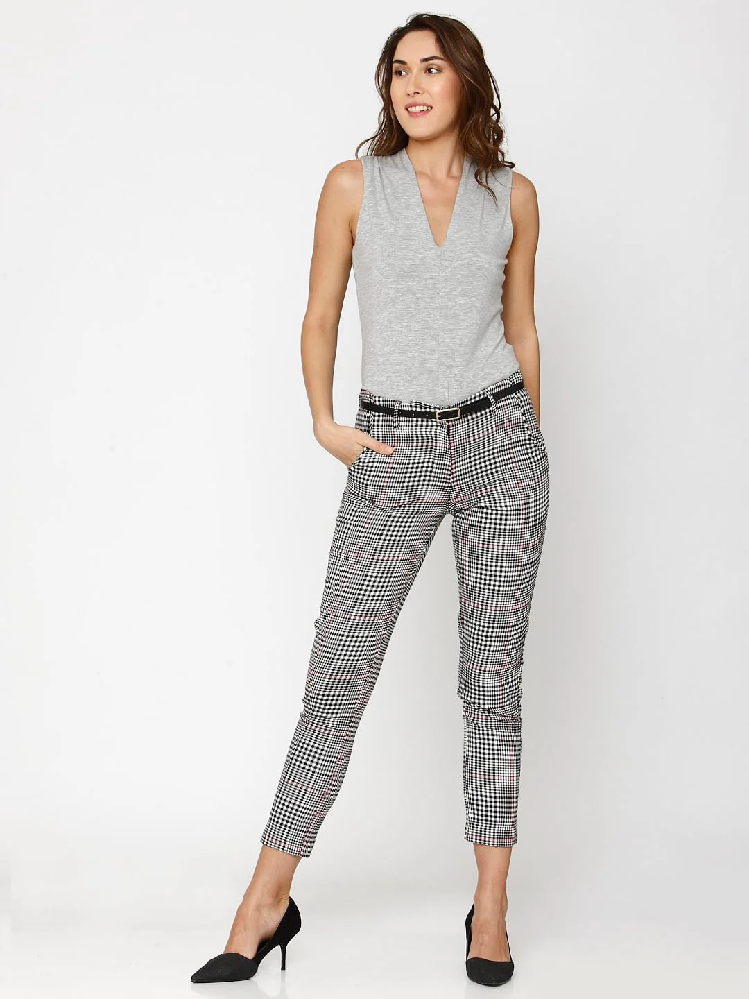 Black Mid Rise Check Ankle Length Pants - Image 7