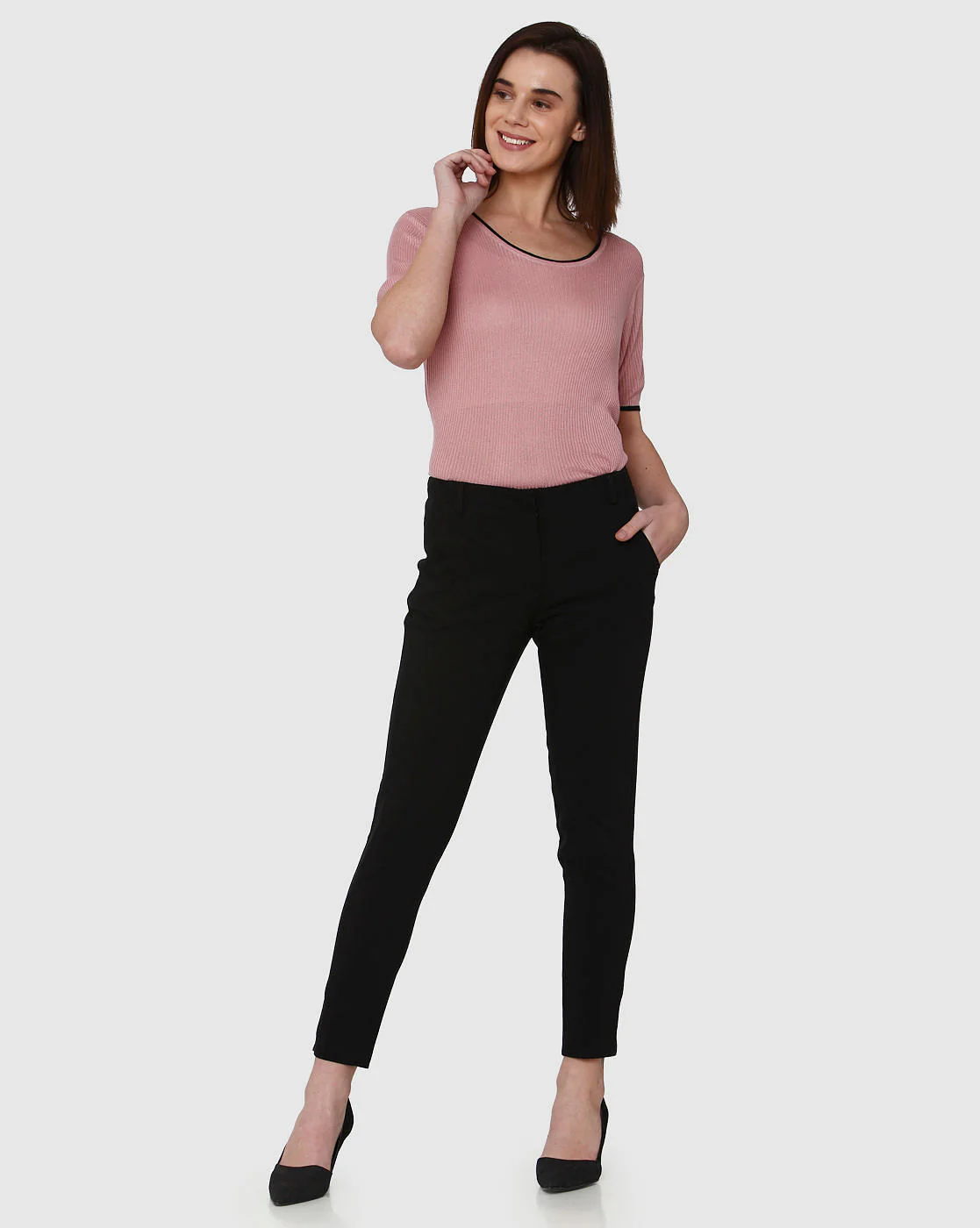 Black Mid Rise Ankle Length Straight Fit Trousers - Image 2