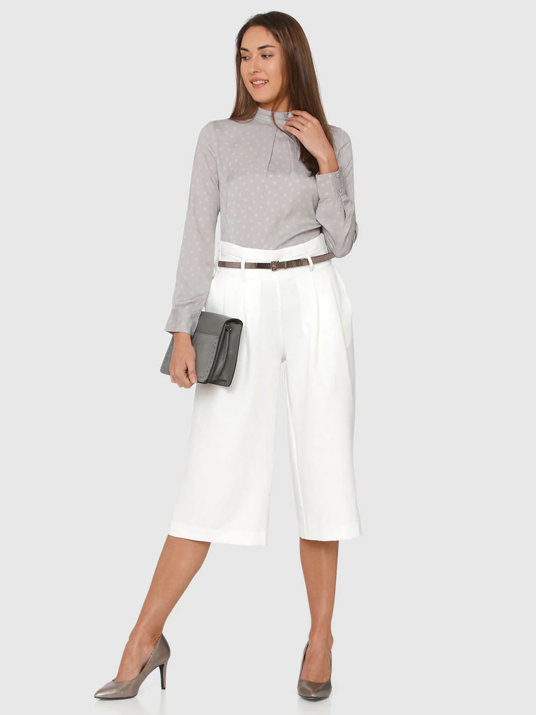 Grey Polka Dot High Neck Cuff Sleeves Top