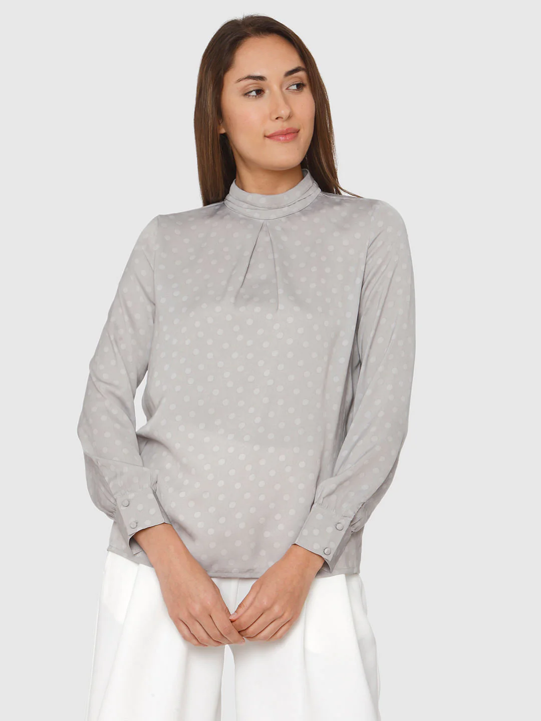 Grey Polka Dot High Neck Cuff Sleeves Top - Image 2