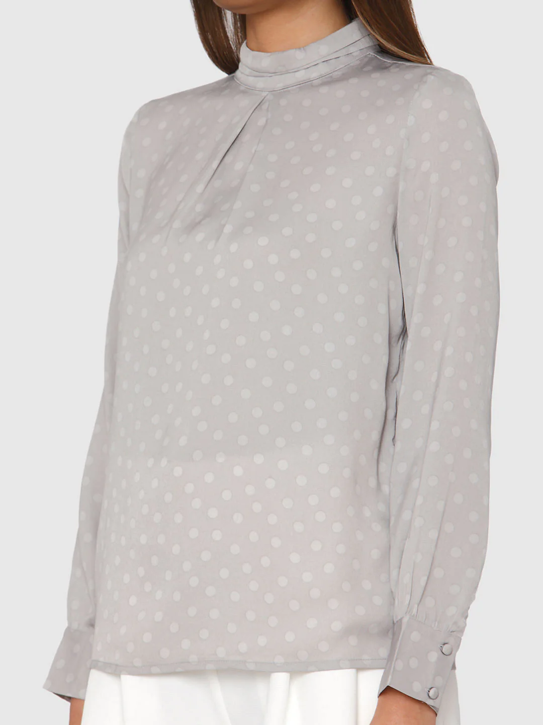 Grey Polka Dot High Neck Cuff Sleeves Top - Image 3