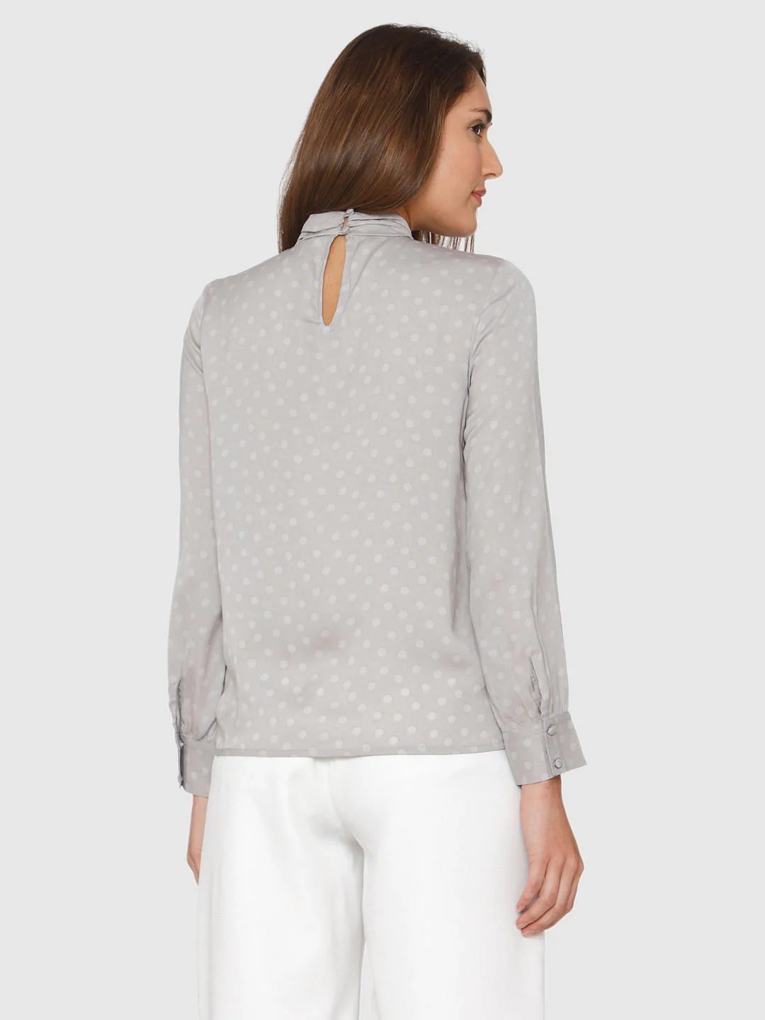 Grey Polka Dot High Neck Cuff Sleeves Top - Image 4