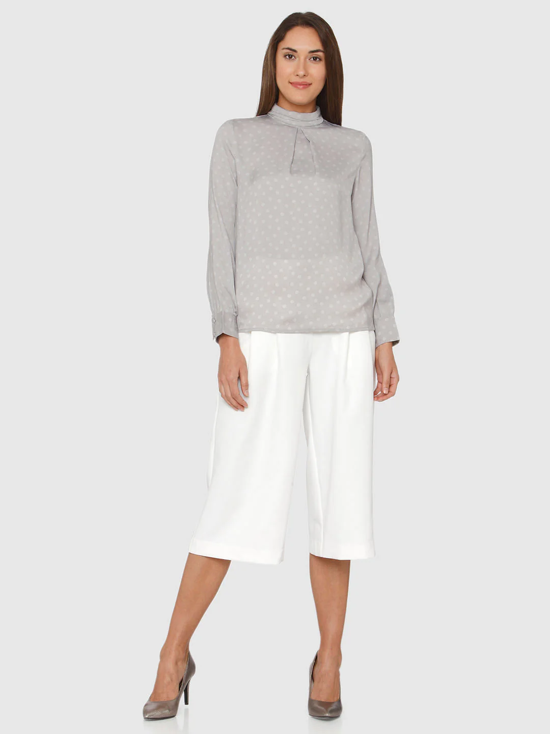 Grey Polka Dot High Neck Cuff Sleeves Top - Image 5