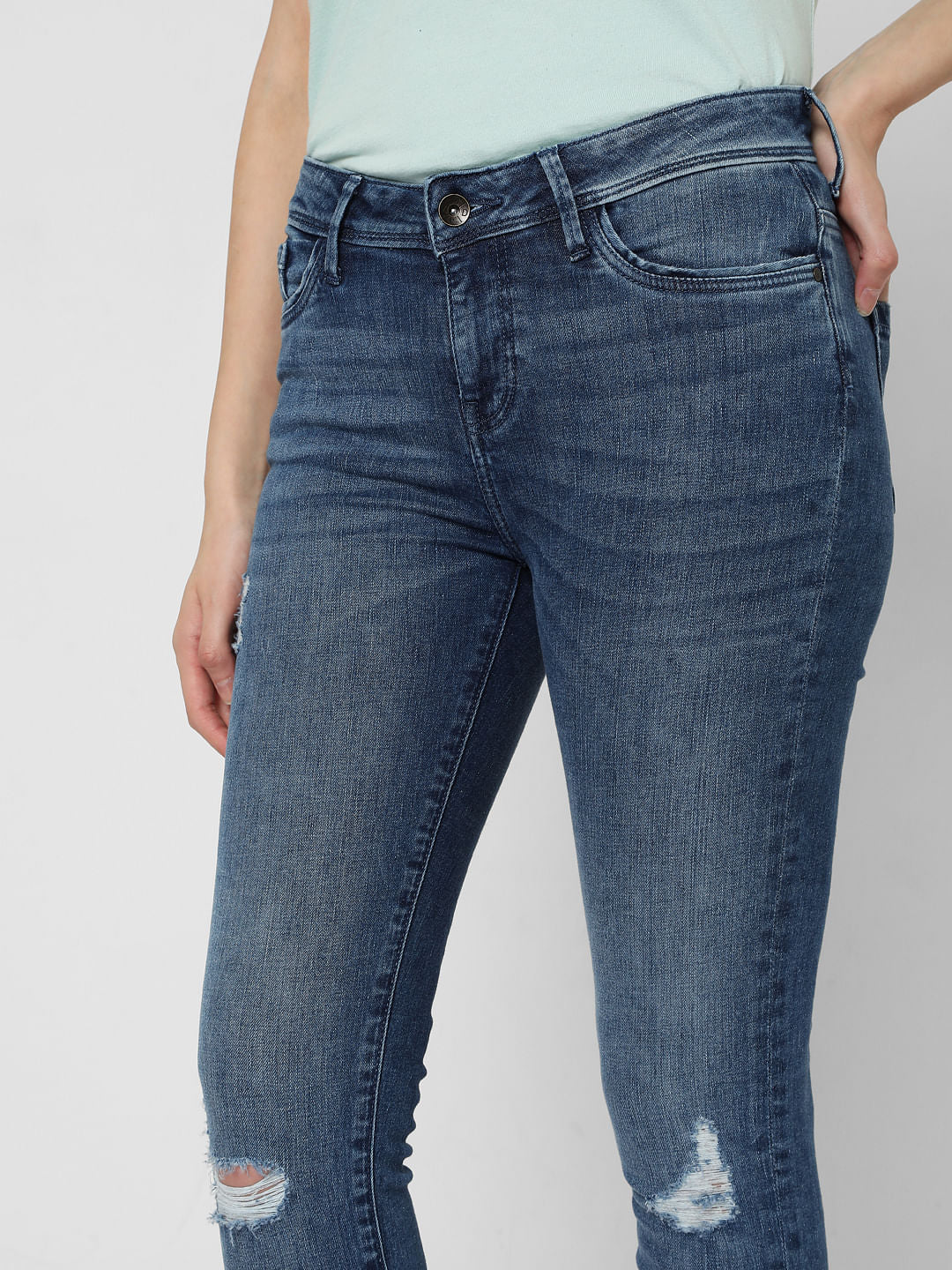 Blue Mid Rise Ripped Wendy Skinny Jeans - Image 4