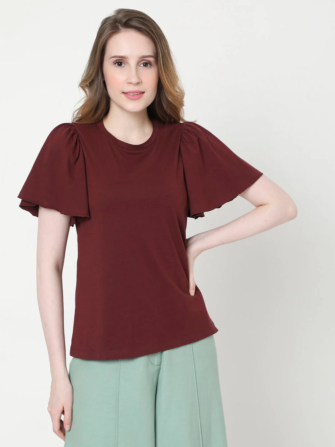 Maroon Organic Cotton Flared Sleeves Top - Image 2