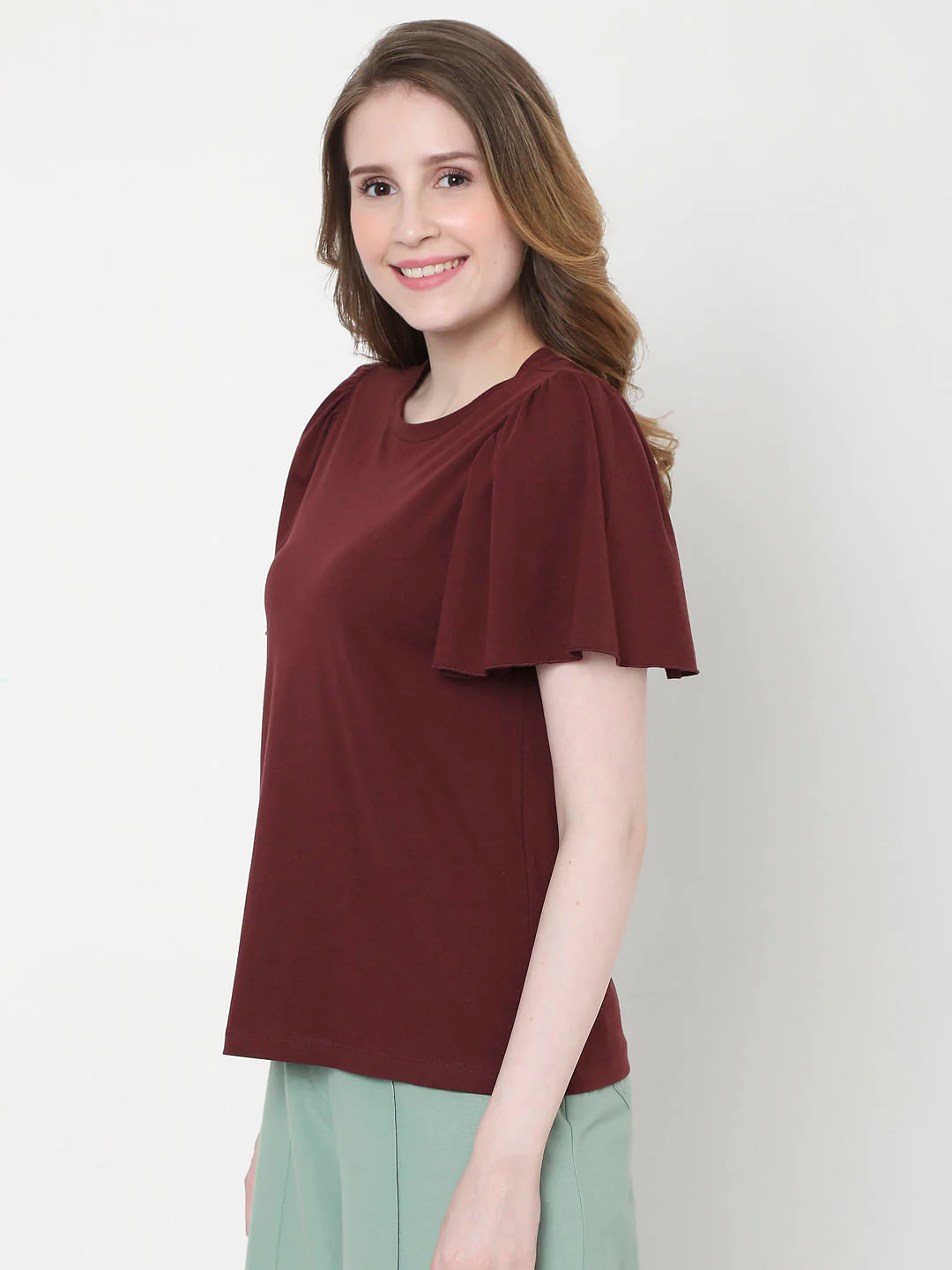 Maroon Organic Cotton Flared Sleeves Top - Image 3