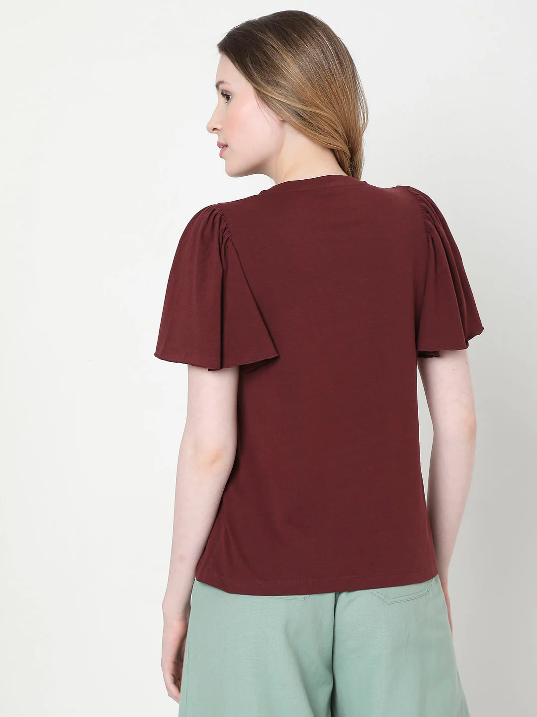 Maroon Organic Cotton Flared Sleeves Top - Image 4