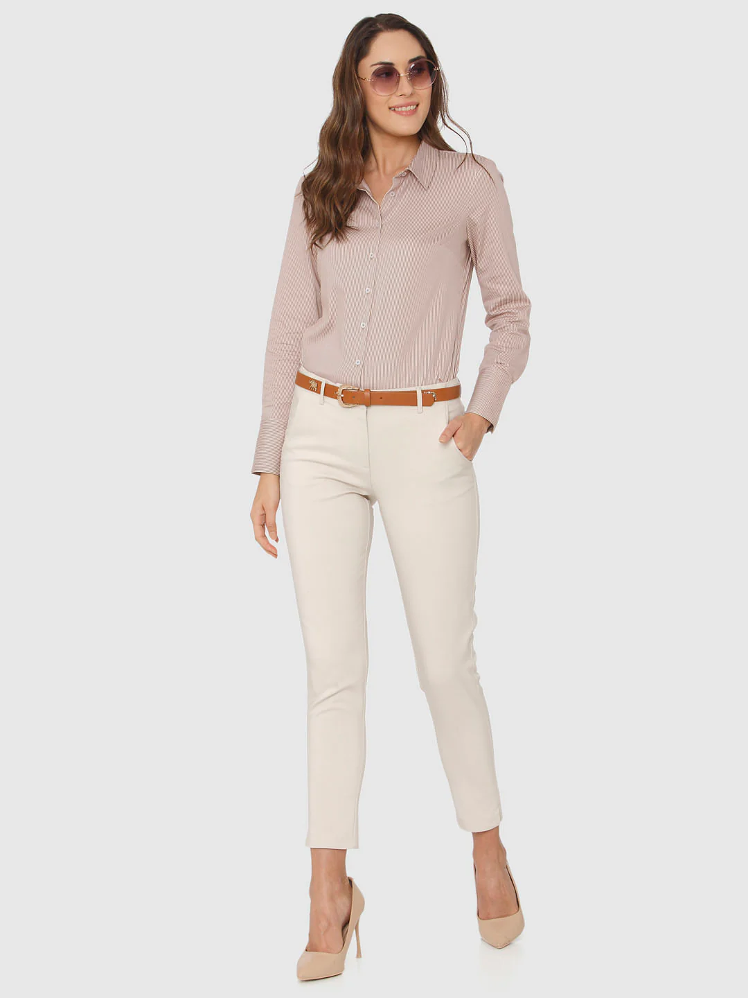 Beige Mid Rise Ankle Length Slim Fit Pants - Image 2