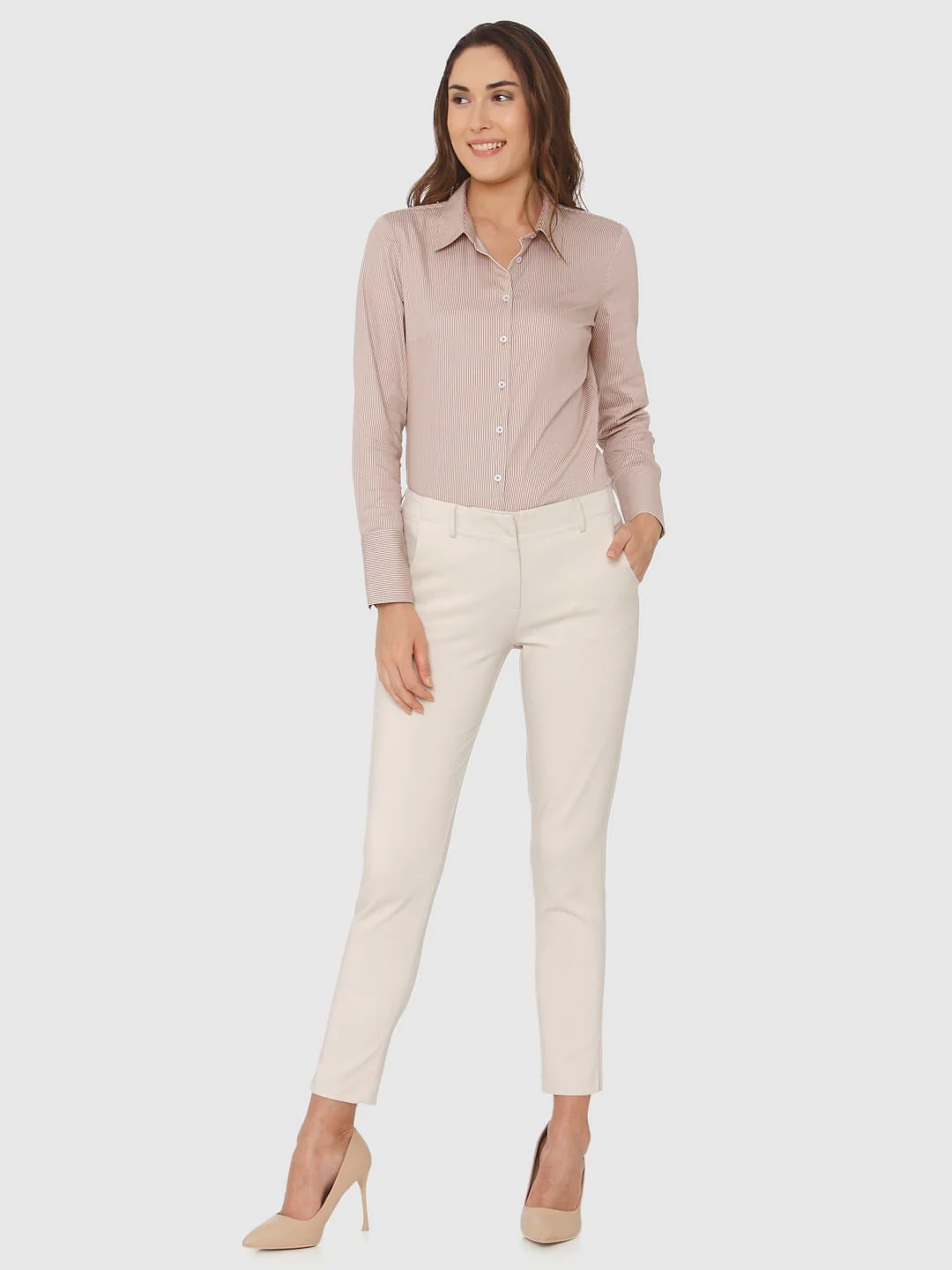 Beige Mid Rise Ankle Length Slim Fit Pants - Image 6