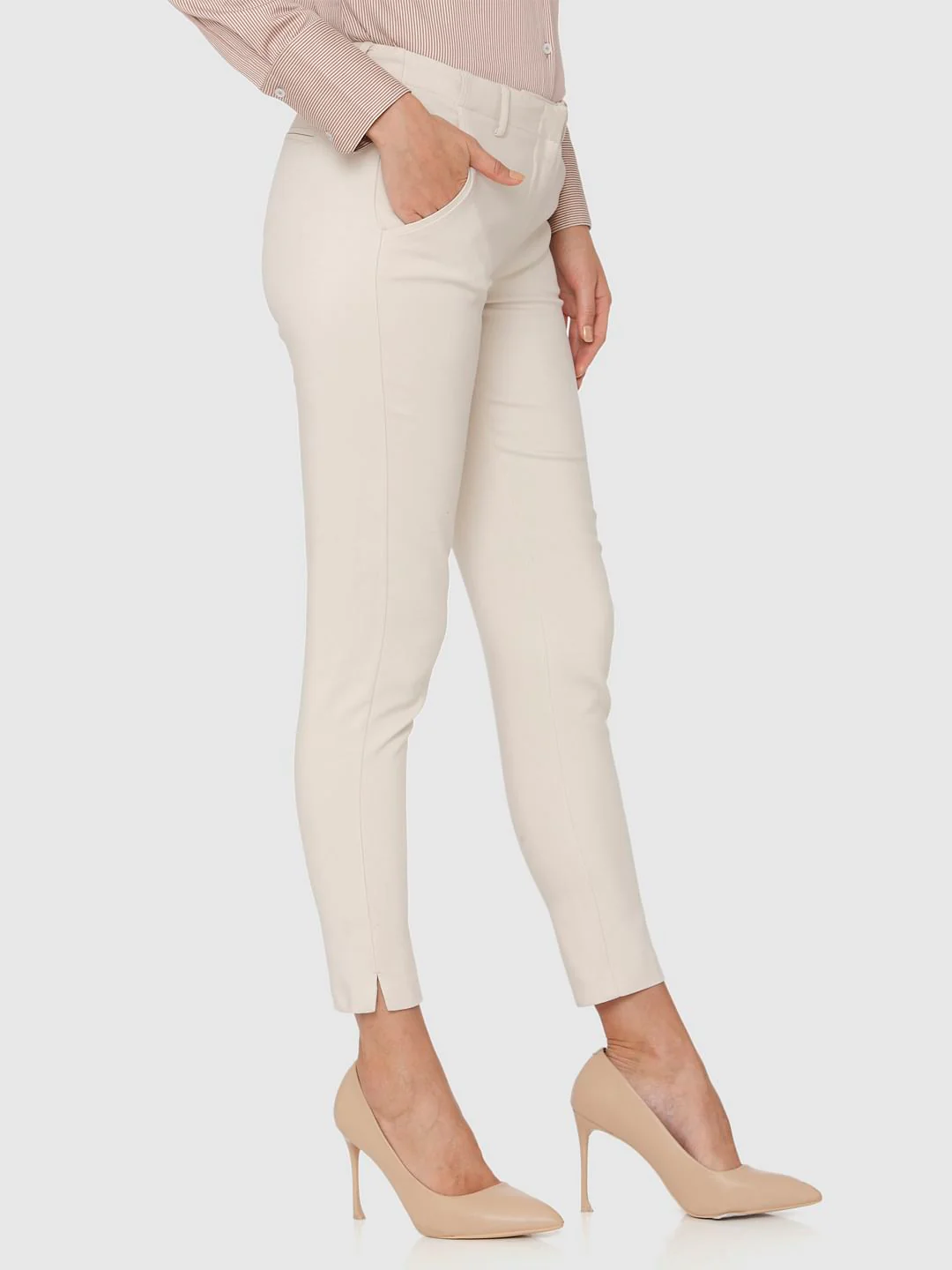 Beige Mid Rise Ankle Length Slim Fit Pants - Image 7
