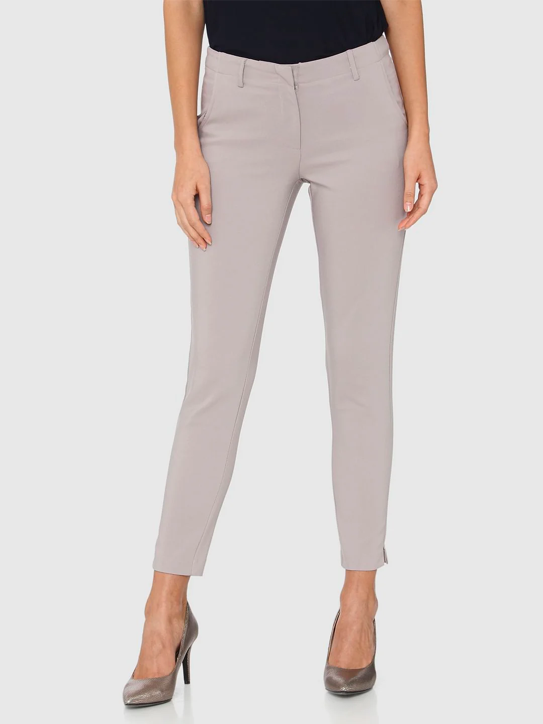 Grey Mid Rise Ankle Length Slim Fit Pants