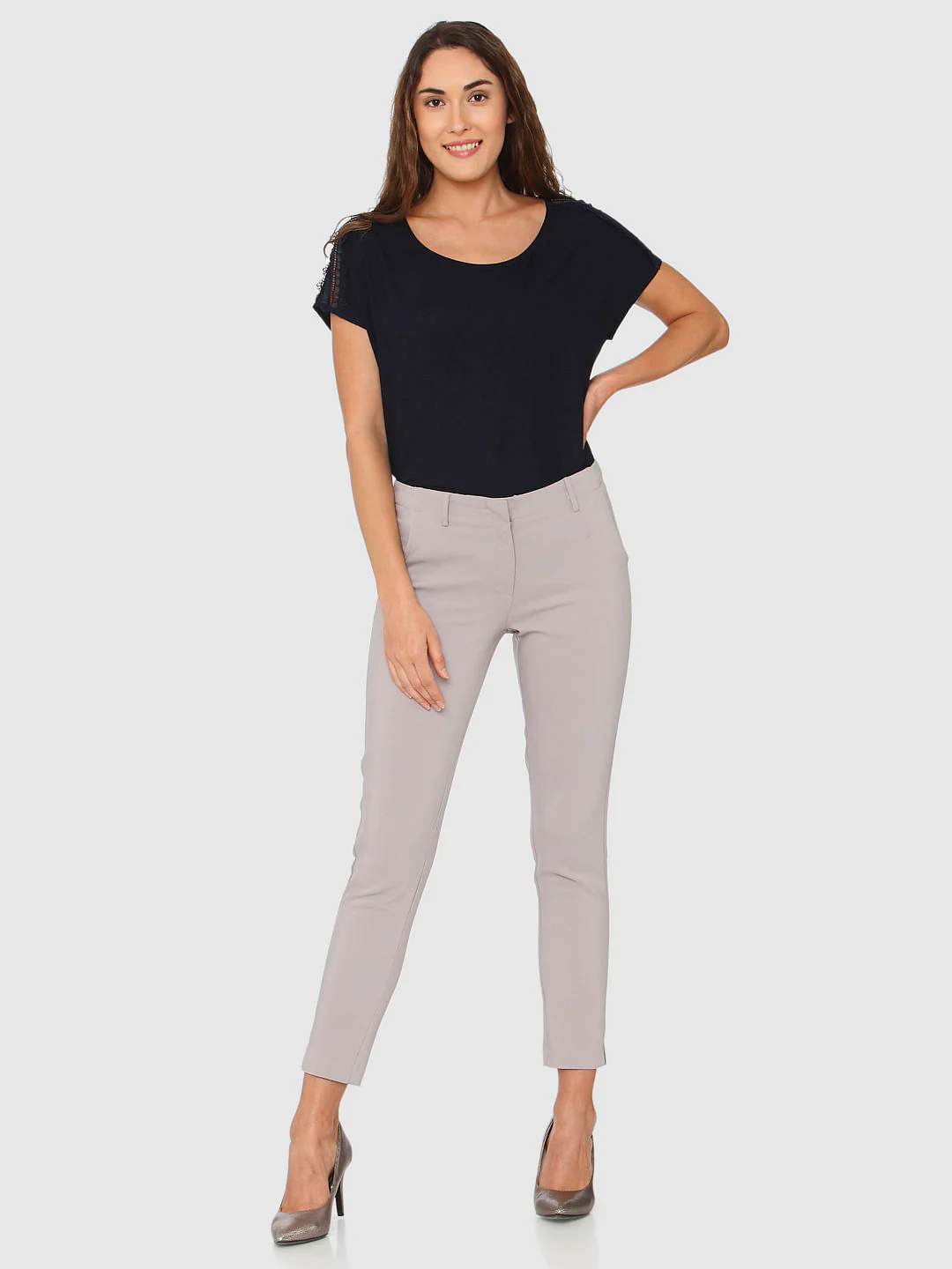 Grey Mid Rise Ankle Length Slim Fit Pants - Image 2