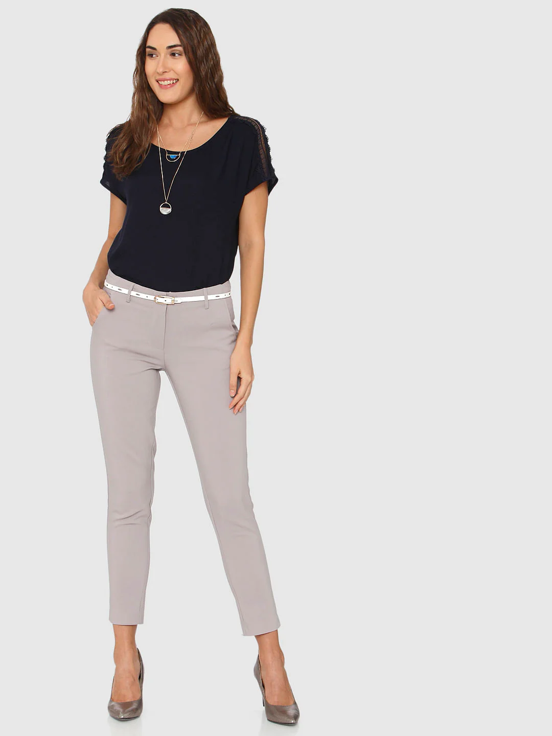 Grey Mid Rise Ankle Length Slim Fit Pants - Image 9