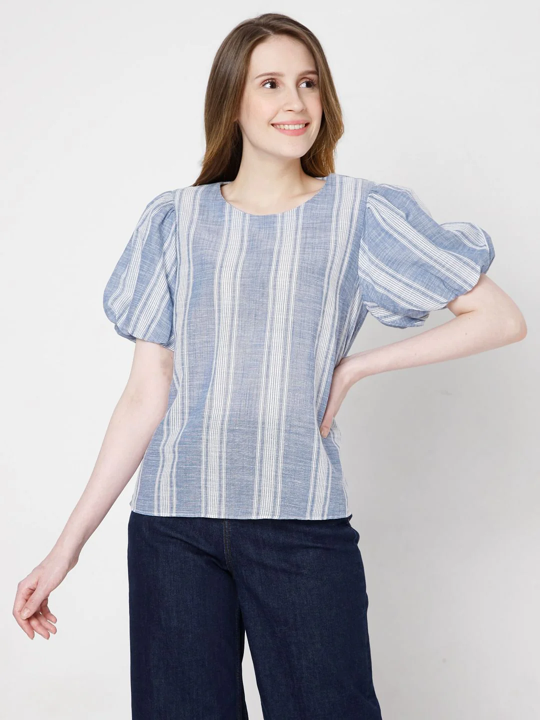 Blue Striped Puff Sleeves Top - Image 2
