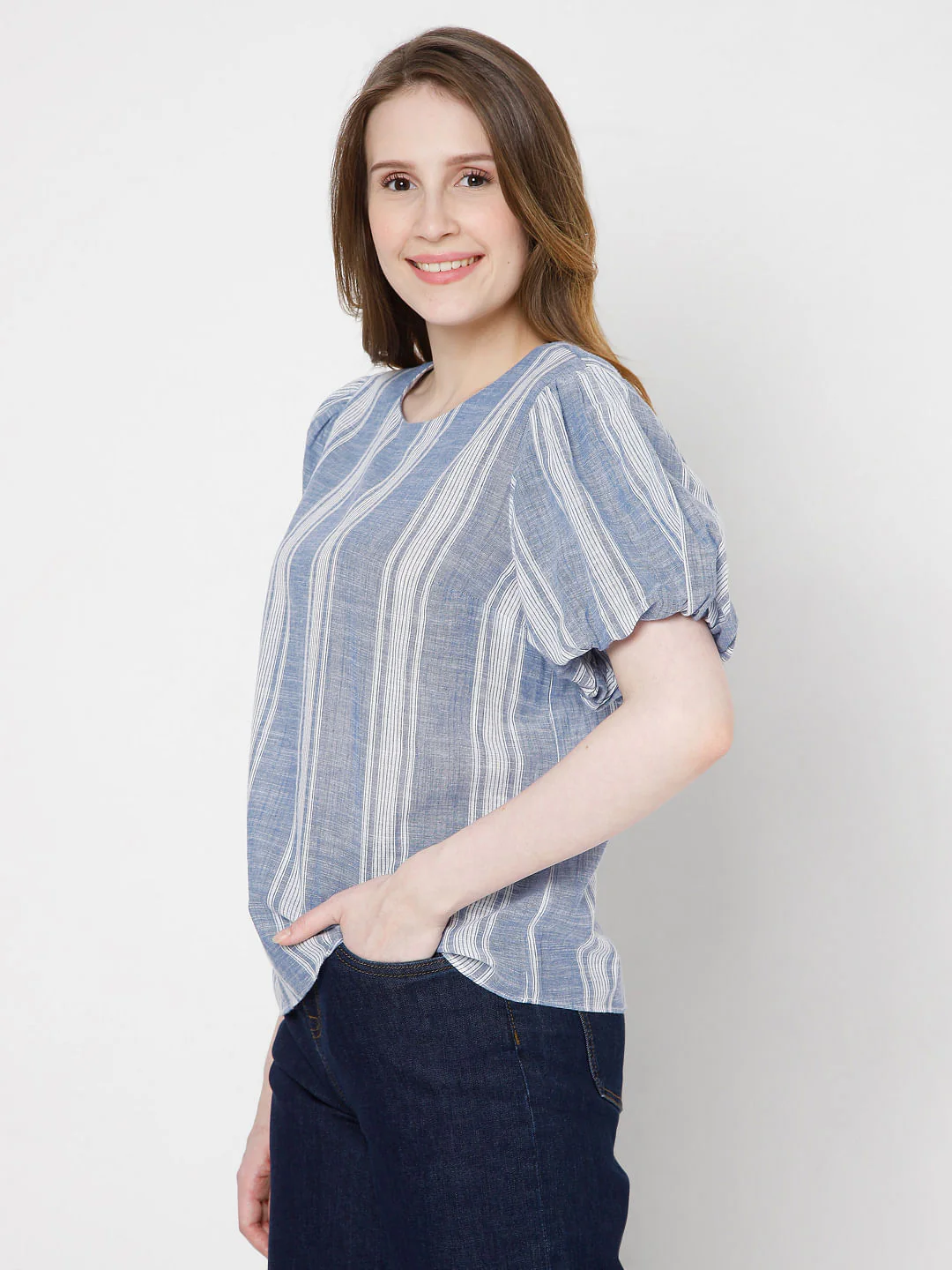 Blue Striped Puff Sleeves Top - Image 3