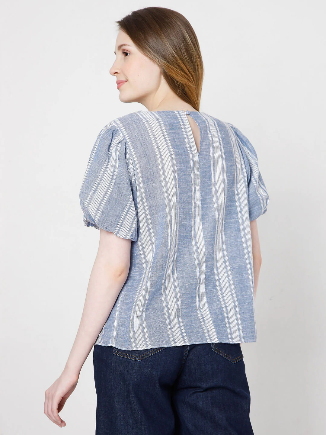 Blue Striped Puff Sleeves Top - Image 4