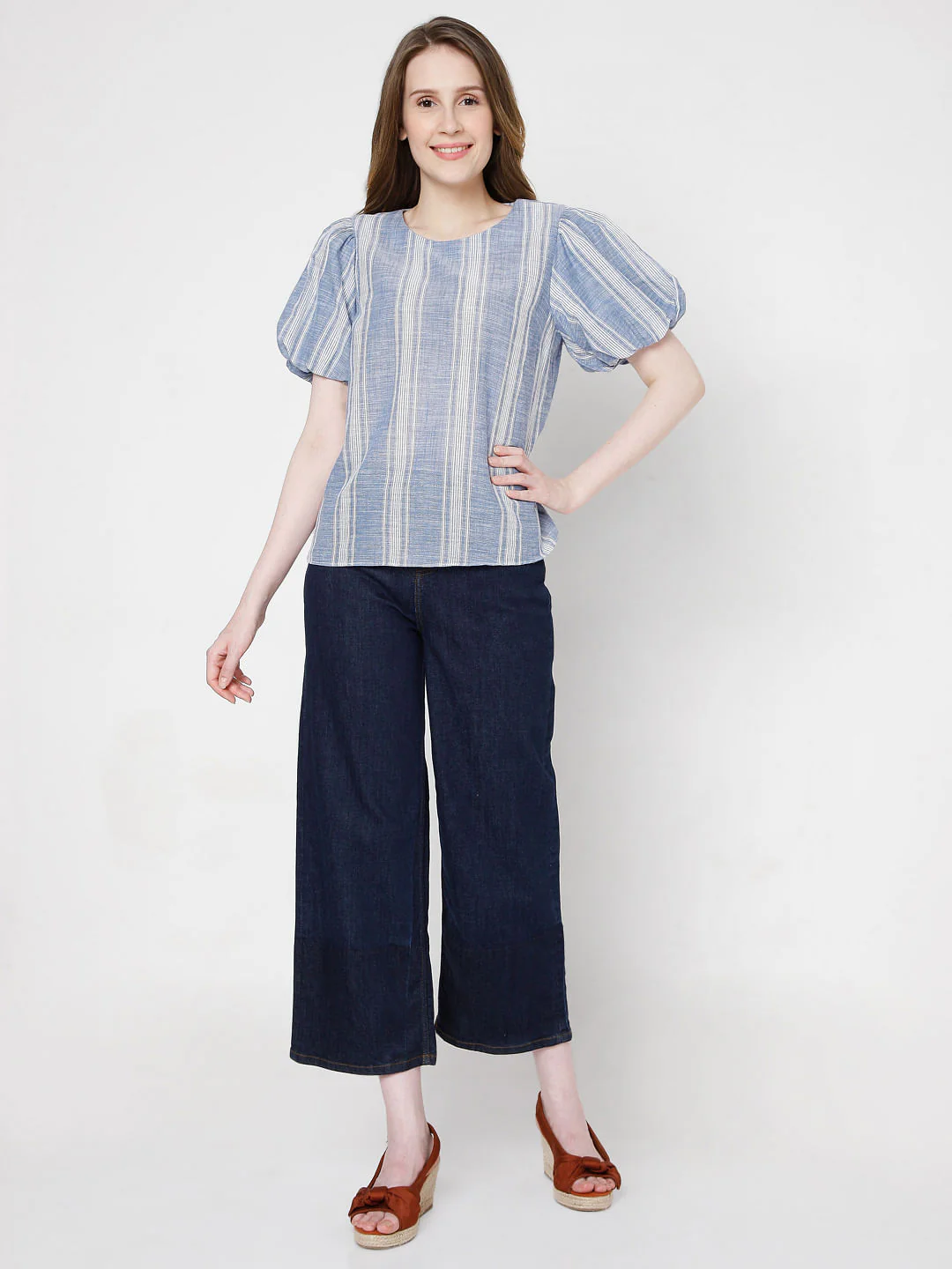 Blue Striped Puff Sleeves Top - Image 5