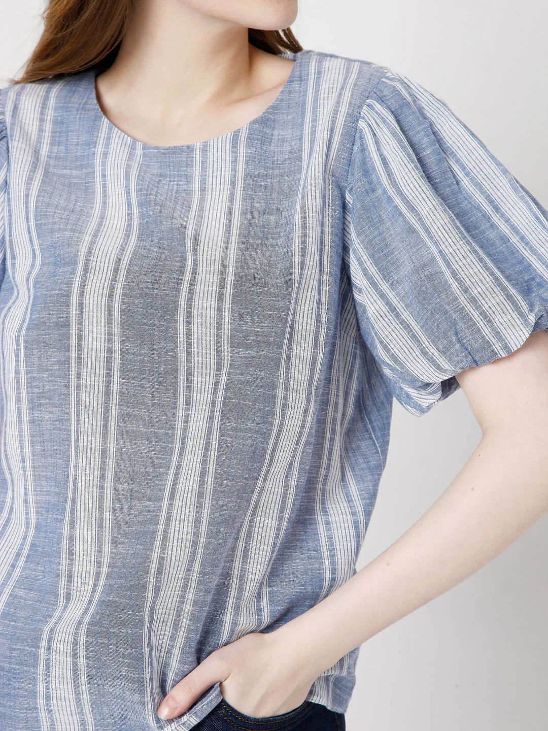 Blue Striped Puff Sleeves Top - Image 6