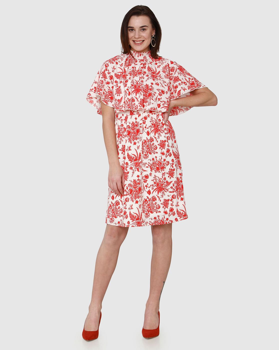 White All Over Floral Print Cape Detail Fit & Flare Dress - Image 2