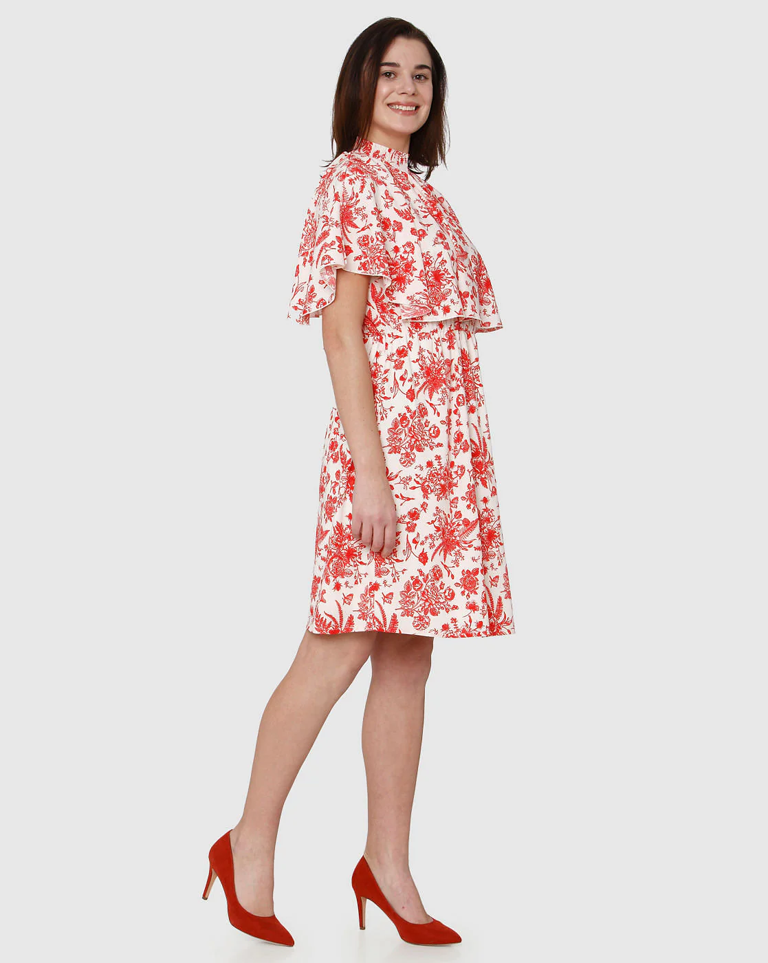White All Over Floral Print Cape Detail Fit & Flare Dress - Image 4