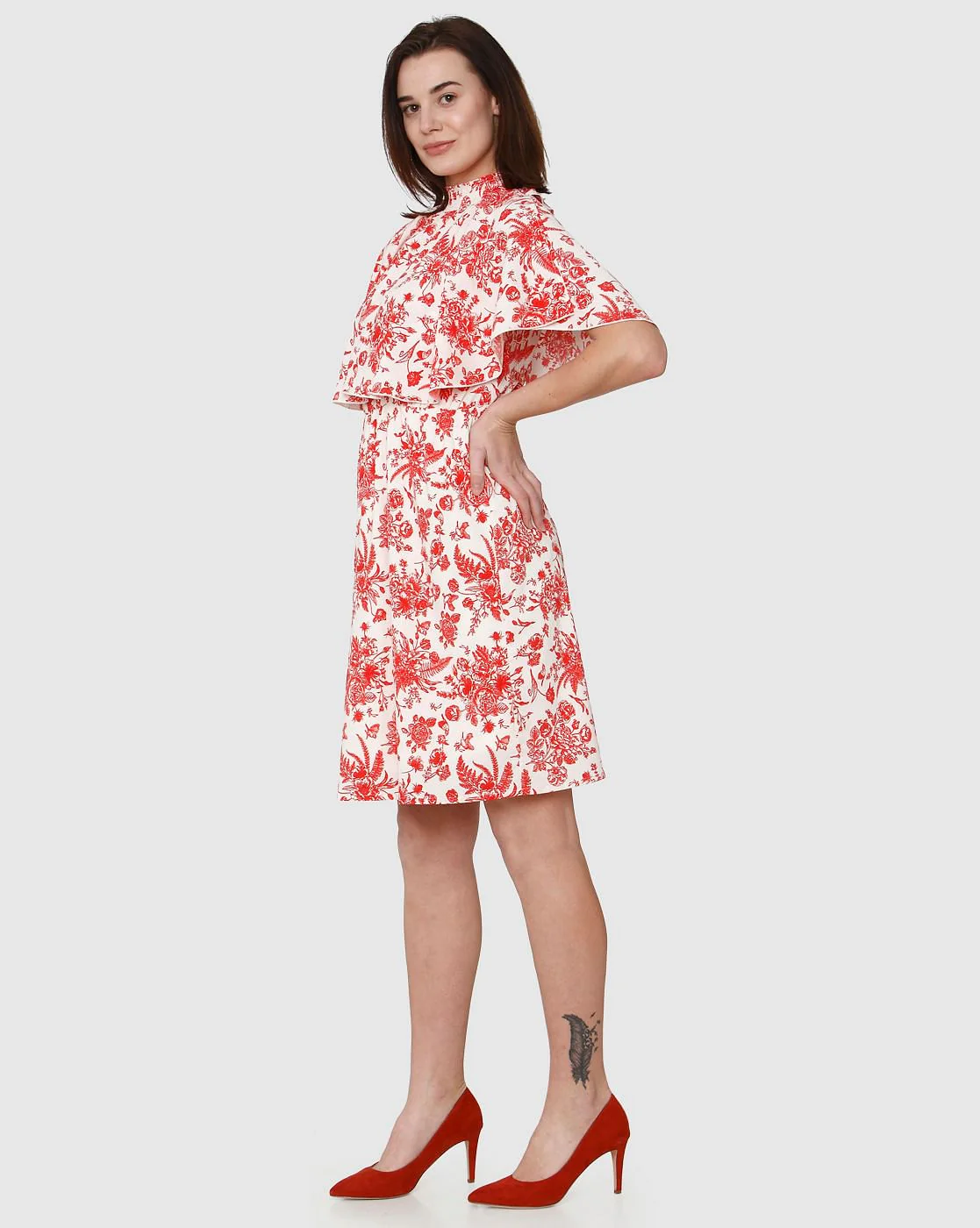 White All Over Floral Print Cape Detail Fit & Flare Dress - Image 5