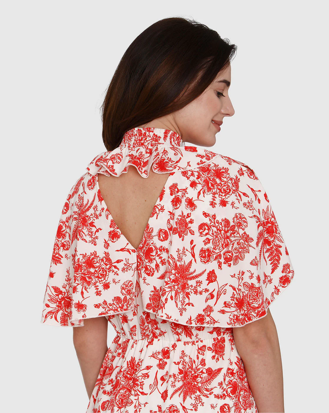 White All Over Floral Print Cape Detail Fit & Flare Dress - Image 8