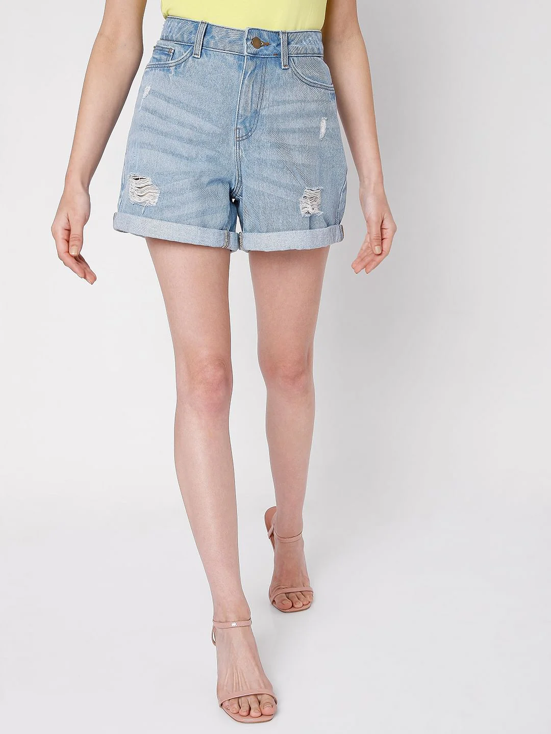 Light Blue Mid Rise Ripped Shorts - Image 2