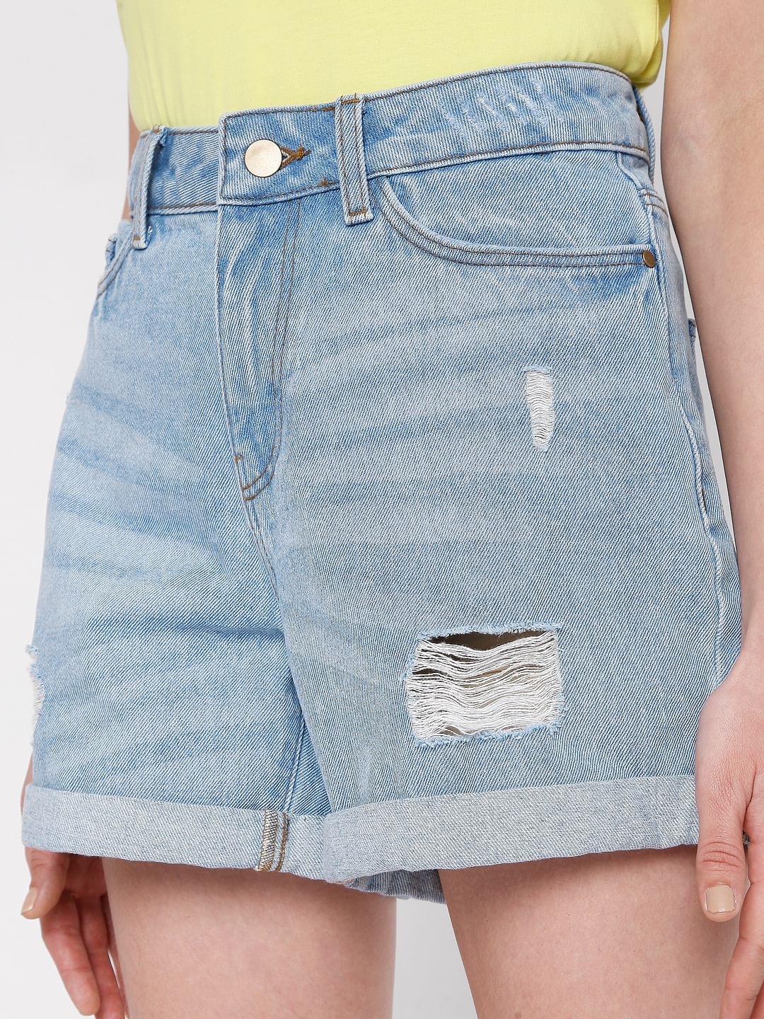 Light Blue Mid Rise Ripped Shorts - Image 5