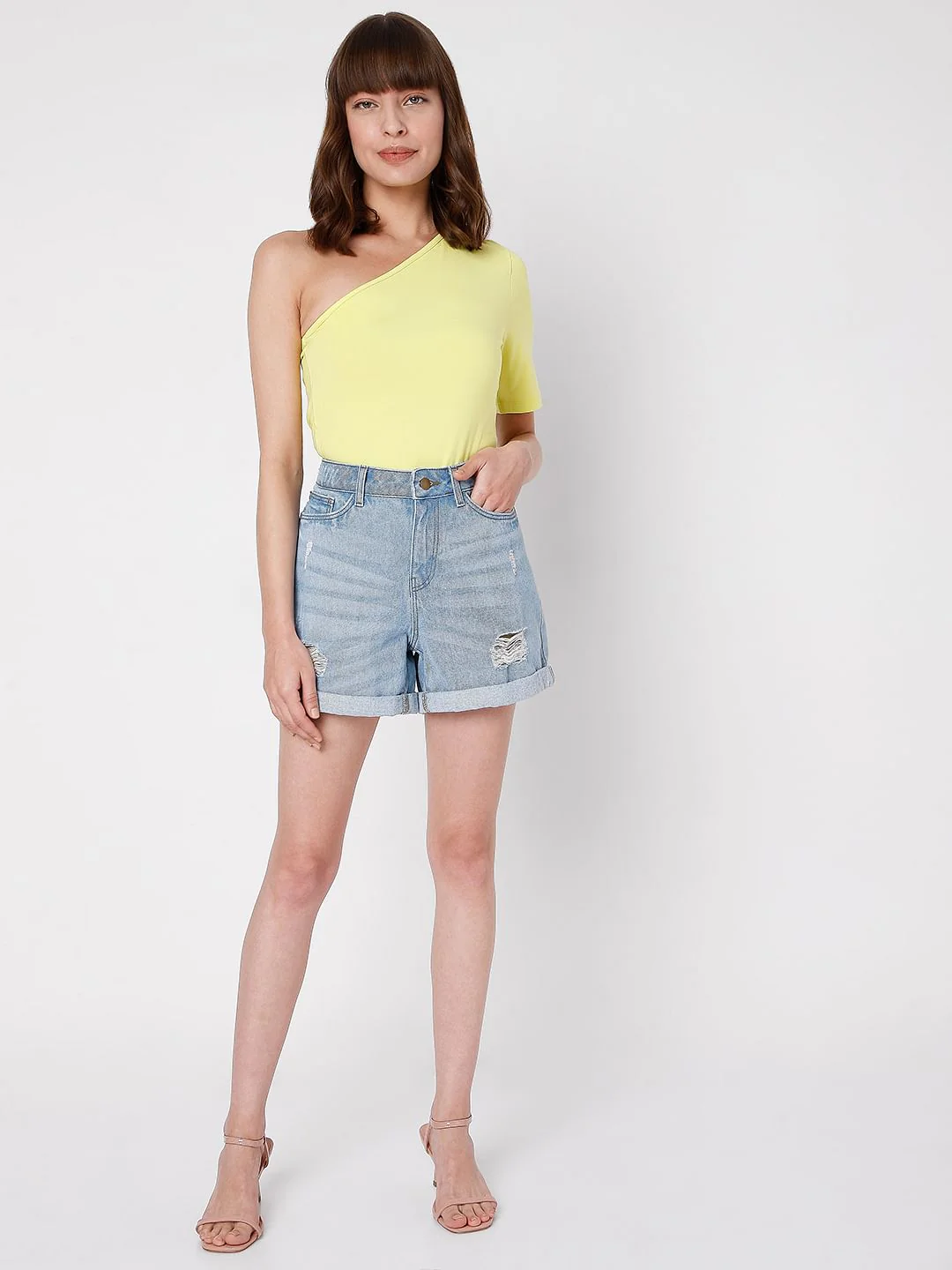Light Blue Mid Rise Ripped Shorts - Image 6