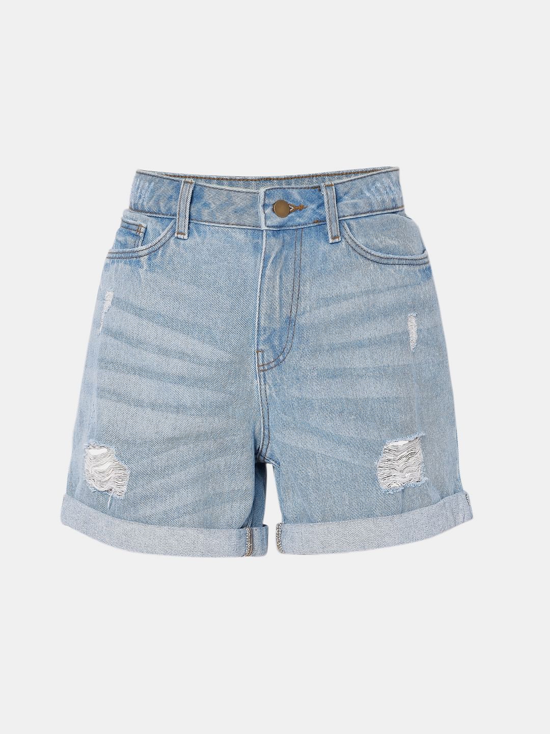 Light Blue Mid Rise Ripped Shorts - Image 7