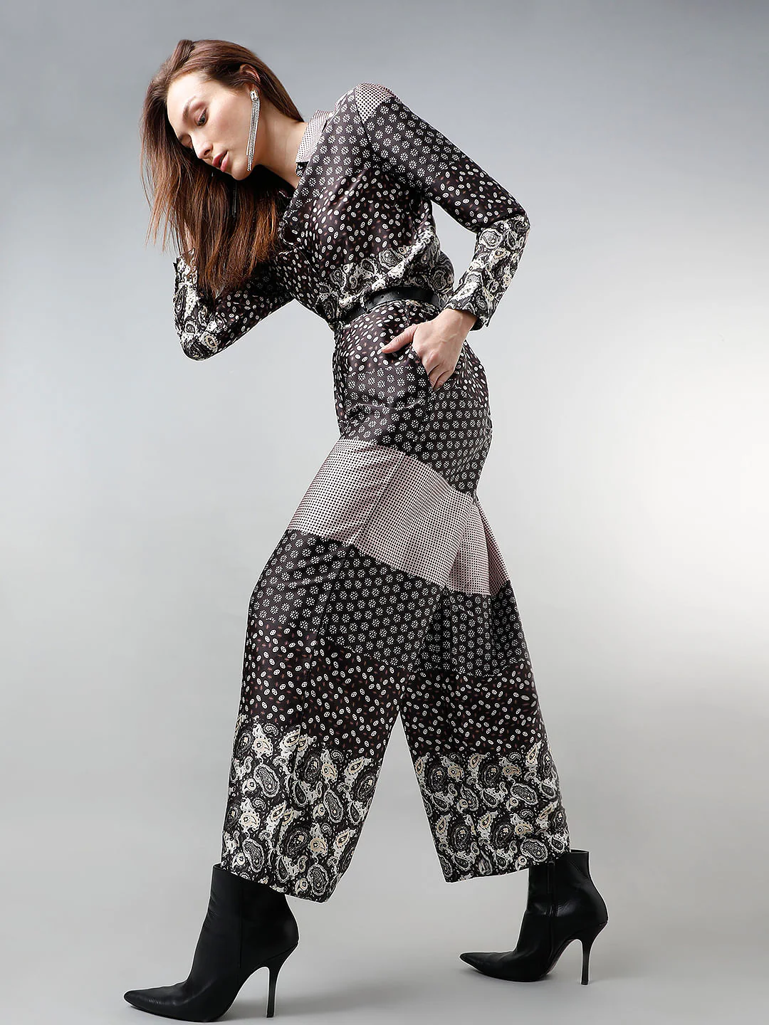 Dark Brown High Rise Printed Pants