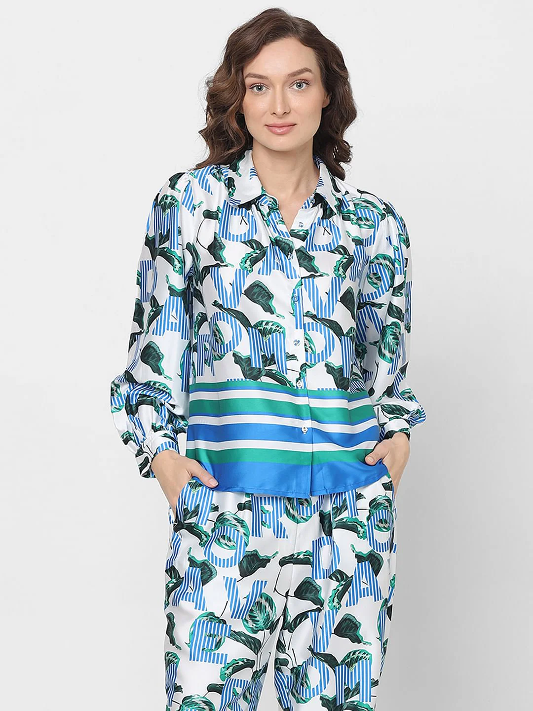 Blue Printed Co-Ord Set Shirt - Image 2
