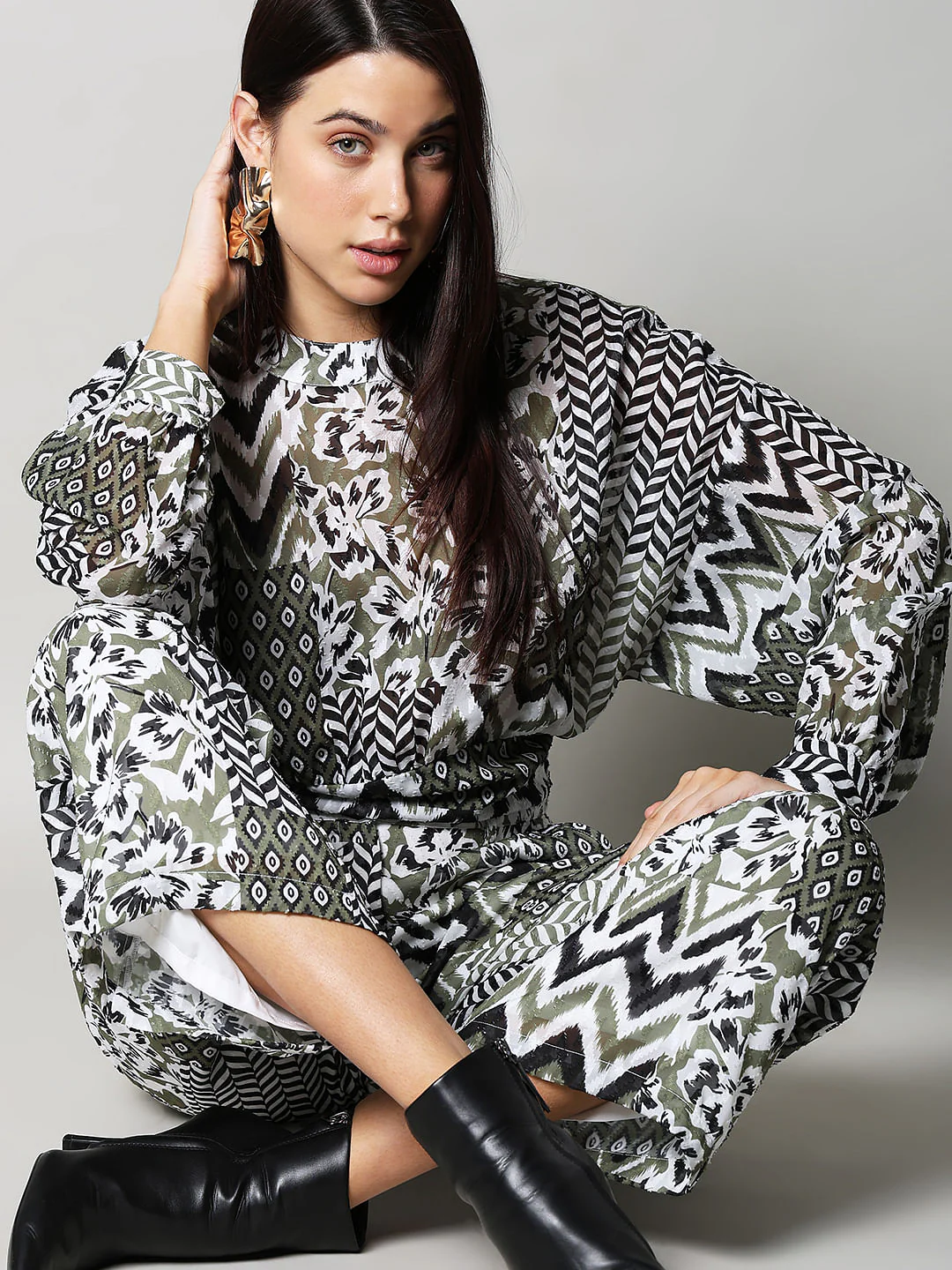 Green High Neck Printed Top