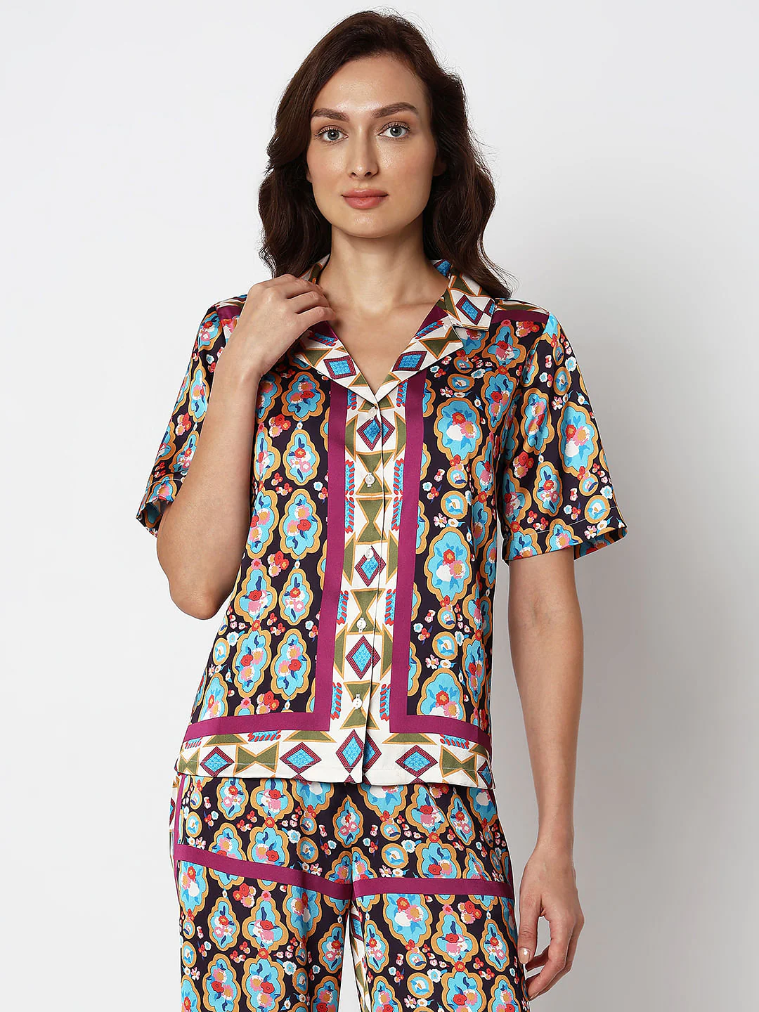 Purple Abstract Print Satin Shirt - Image 2