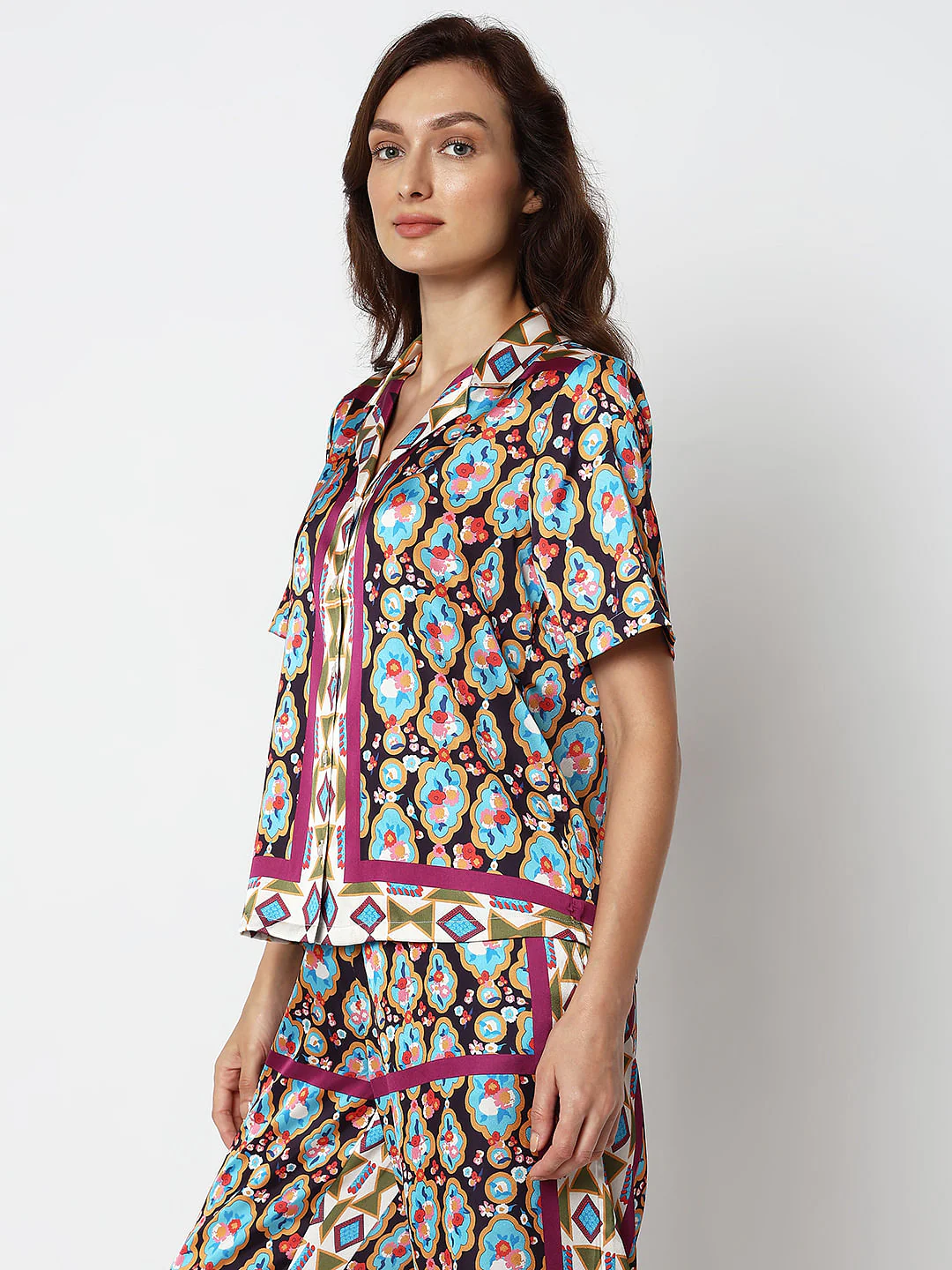 Purple Abstract Print Satin Shirt - Image 3