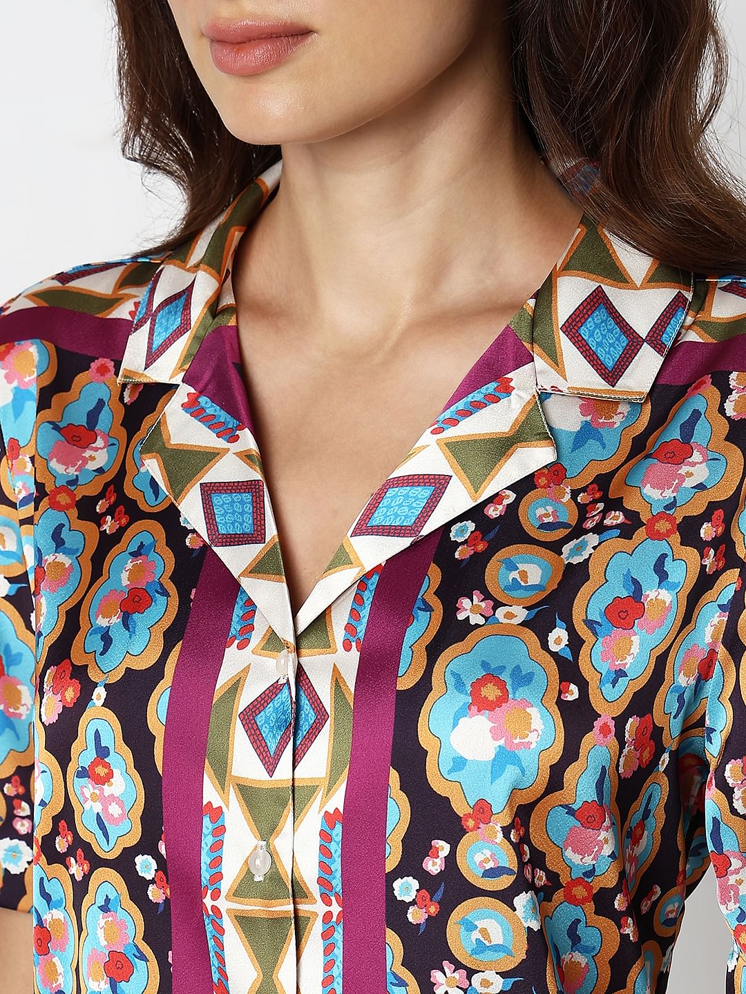 Purple Abstract Print Satin Shirt - Image 8