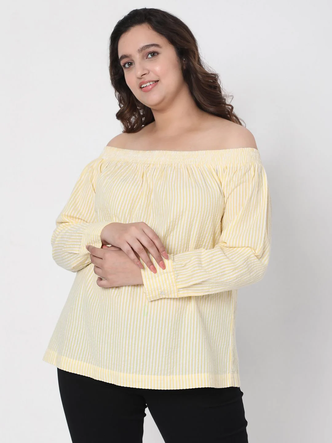 Curve Yellow Off Shoulder Striped Top - Image 2