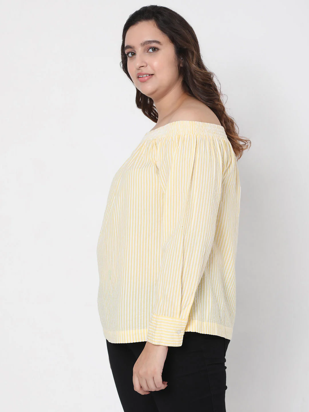 Curve Yellow Off Shoulder Striped Top - Image 3